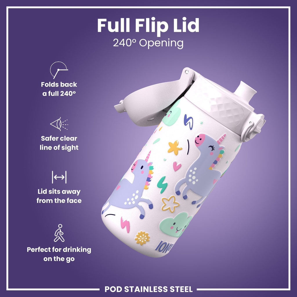 ION8 stainless steel water bottle with colorful unicorns, 400ml capacity, leak-proof kid-friendly design, durable steel construction