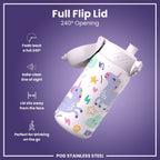 ION8 stainless steel water bottle with colorful unicorns, 400ml capacity, leak-proof kid-friendly design, durable steel construction