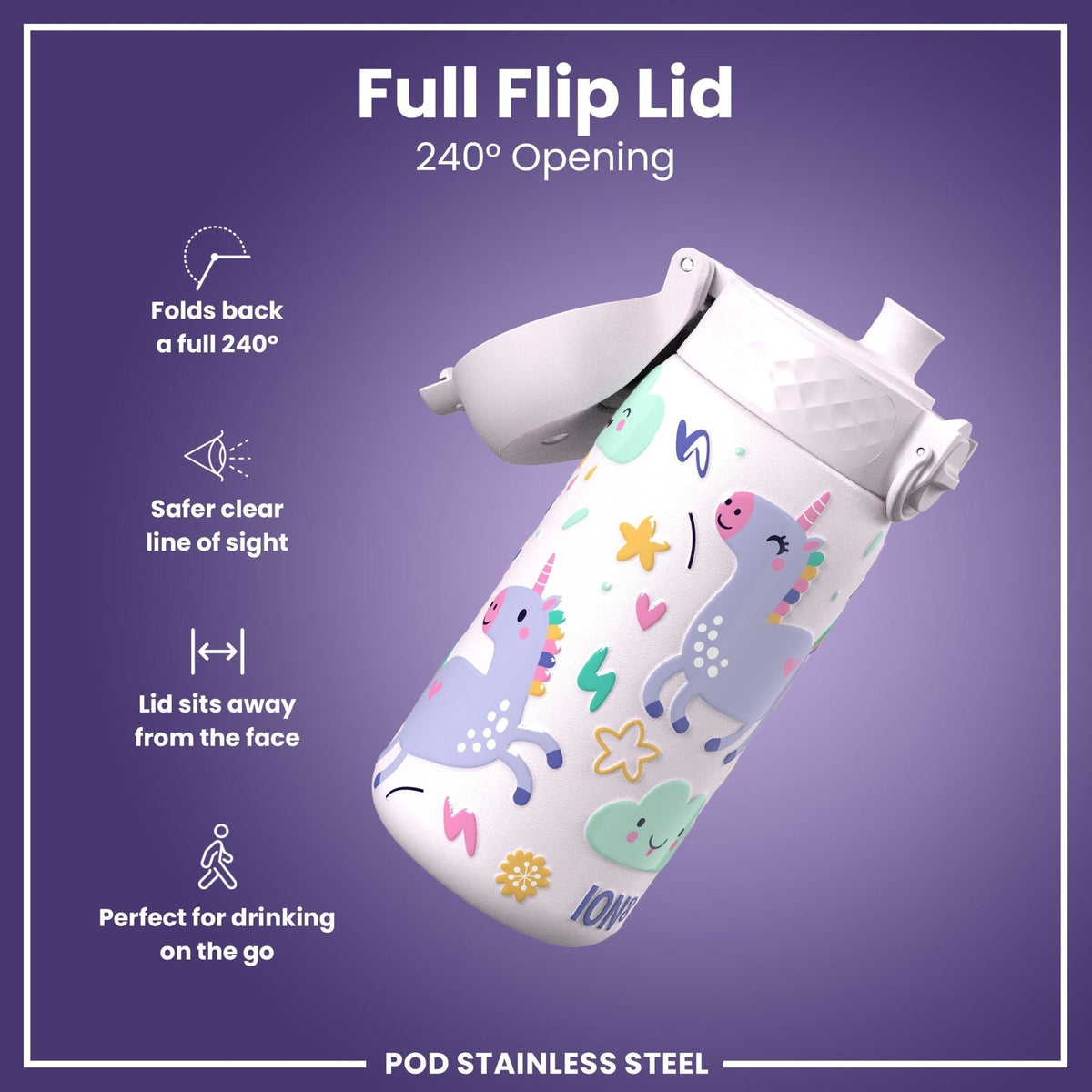 ION8 stainless steel water bottle with colorful unicorns, 400ml capacity, leak-proof kid-friendly design, durable steel construction