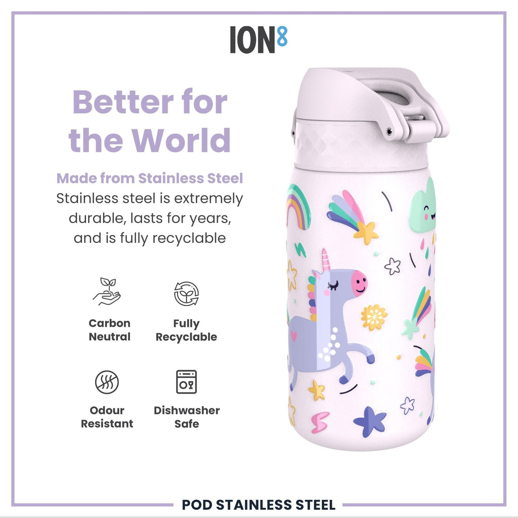 ION8 stainless steel water bottle with unicorn design, 400ml leak-proof kids' steel water bottle for children