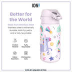 ION8 stainless steel water bottle with unicorn design, 400ml leak-proof kids' steel water bottle for children