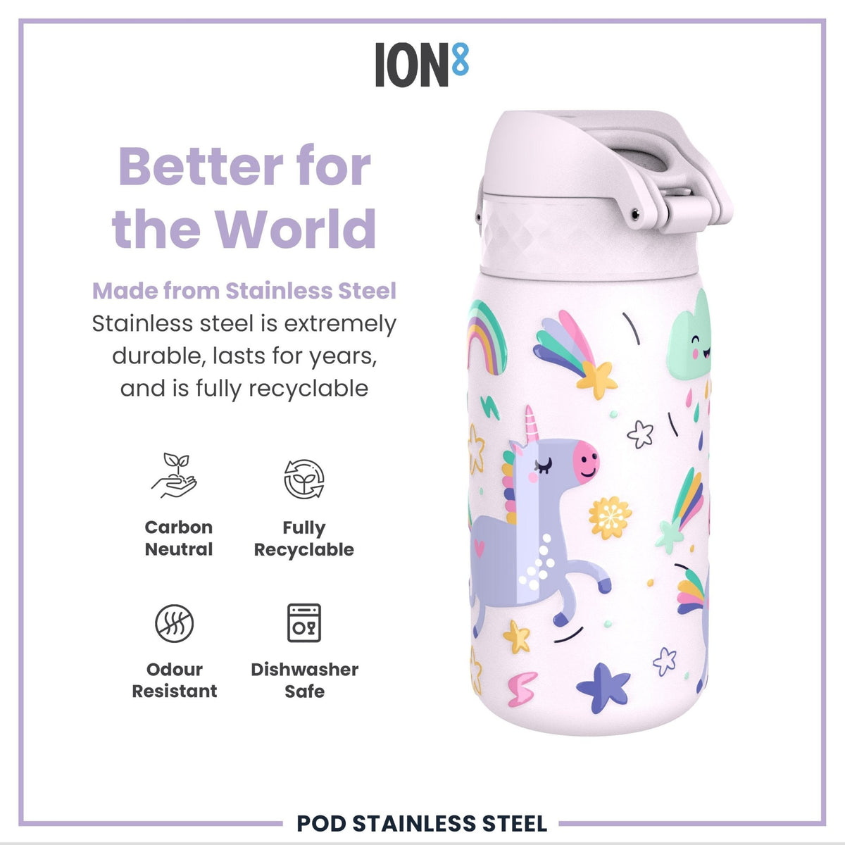ION8 stainless steel water bottle with unicorn design, 400ml leak-proof kids' steel water bottle for children