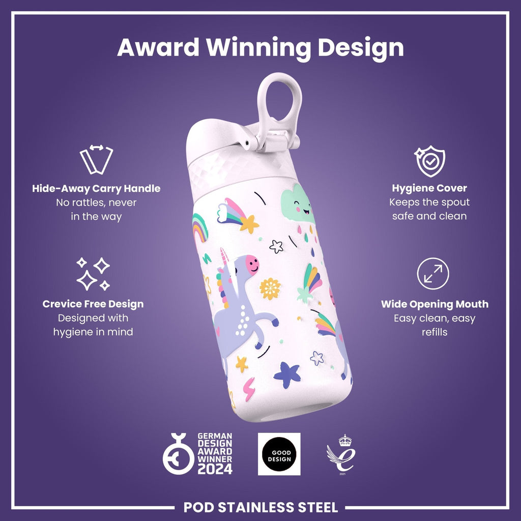 ION8 stainless steel water bottle with unicorn design, 400ml leak-proof kids' water bottle in durable stainless steel.