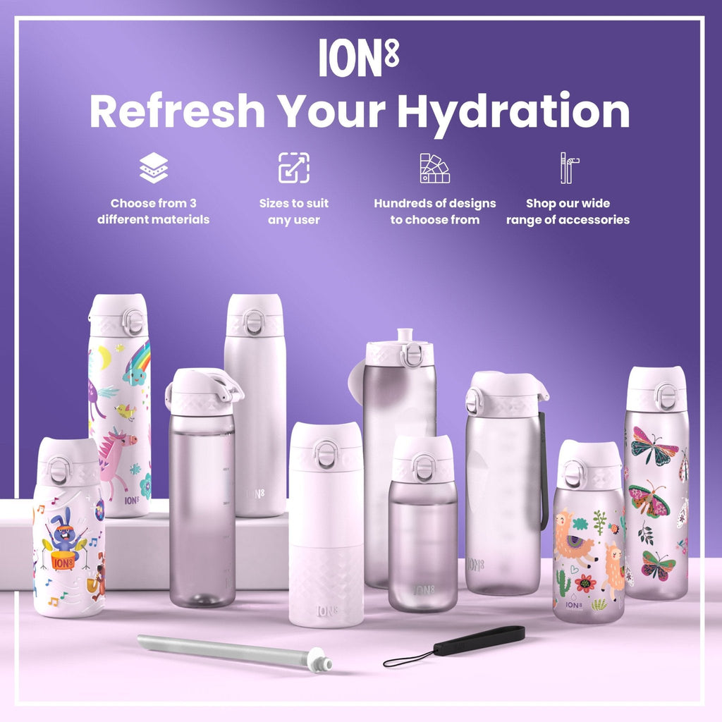 ION8 stainless steel water bottle with unicorn design, 400ml capacity, leak-proof kids' steel bottle for hydration.