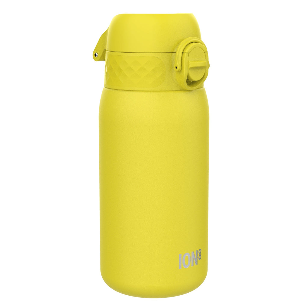 Yellow stainless steel water bottle by ION8, 400ml leak-proof kid's steel water bottle with a durable design.
