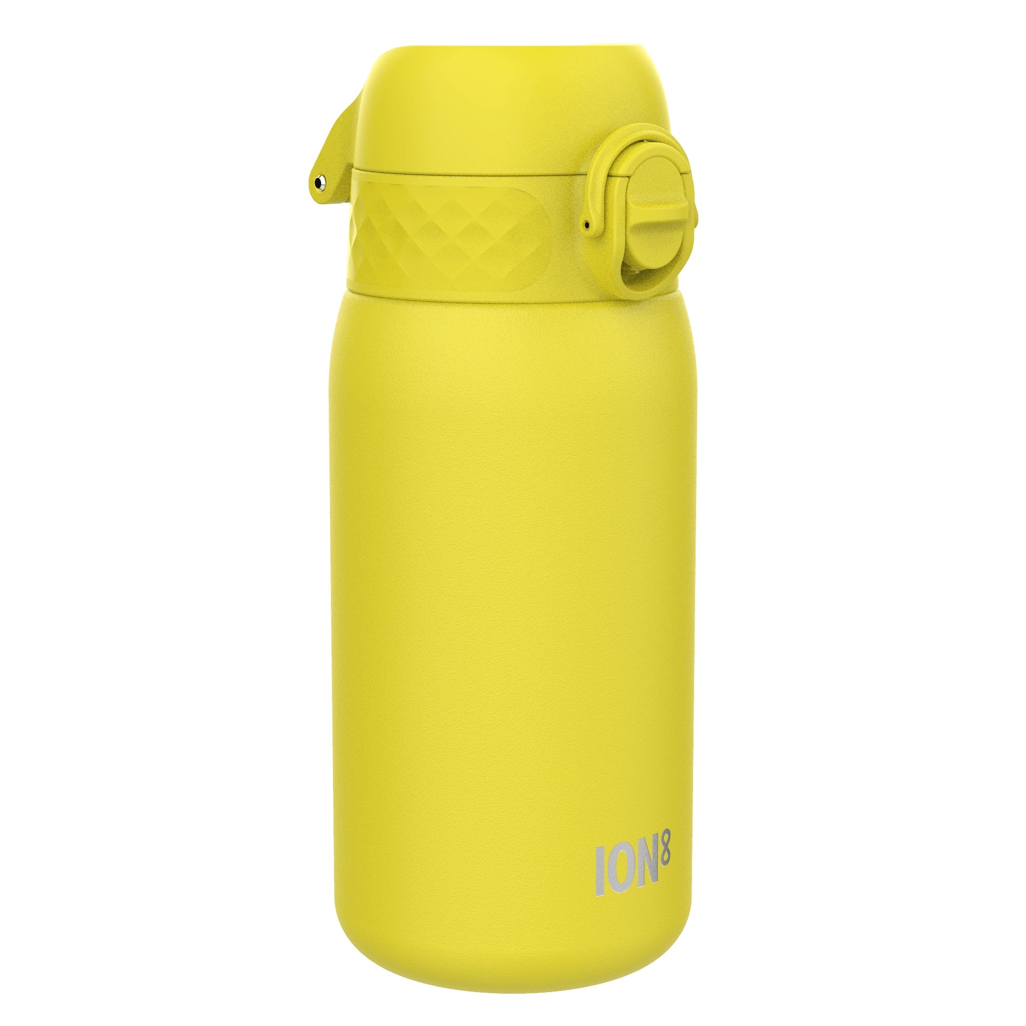 ION8 leak-proof kids water bottle in yellow, 400ml stainless steel design with secure lid and colorful, kid-friendly appearance.