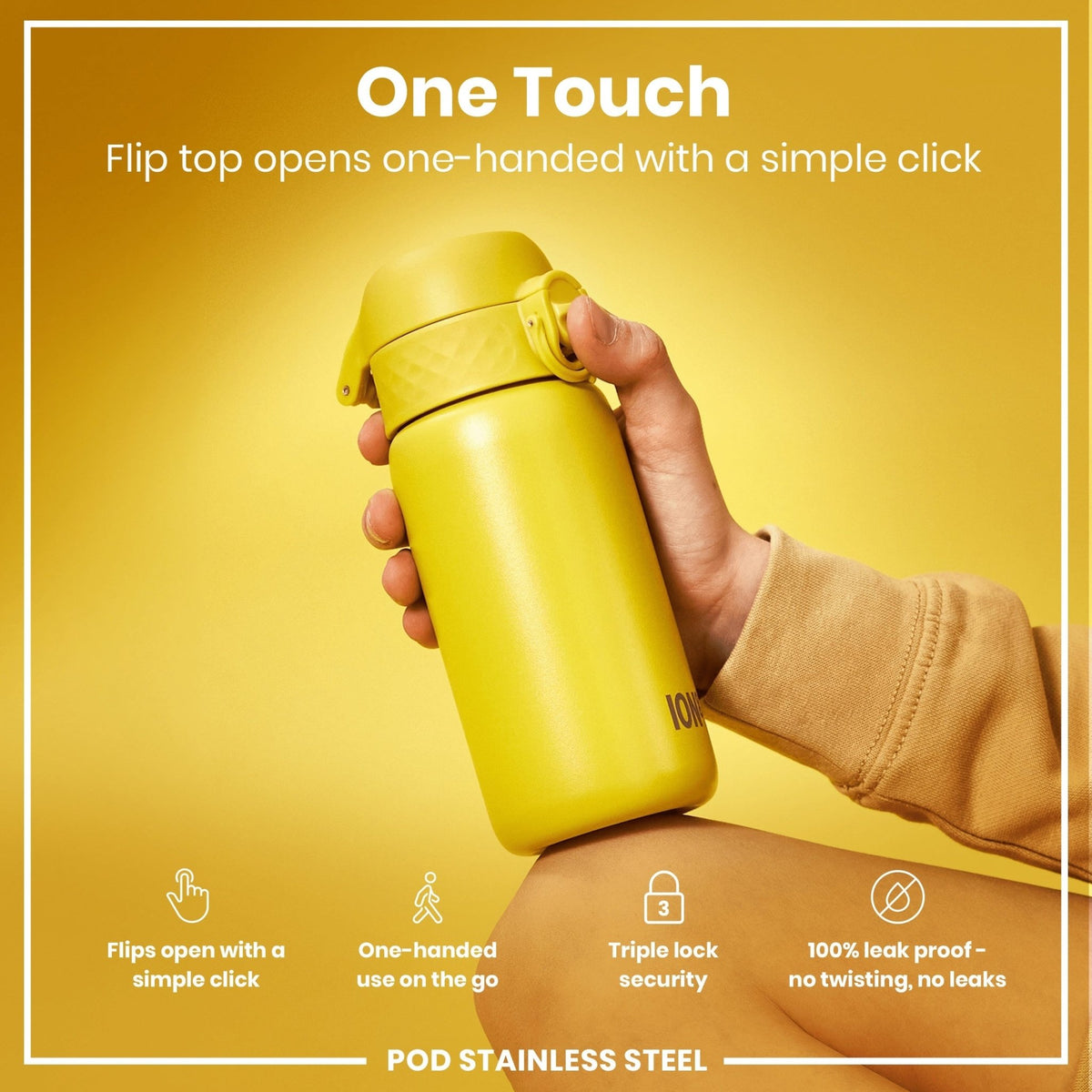 Yellow stainless steel water bottle by ION8, 400ml leak-proof kids' steel water bottle with a durable design.