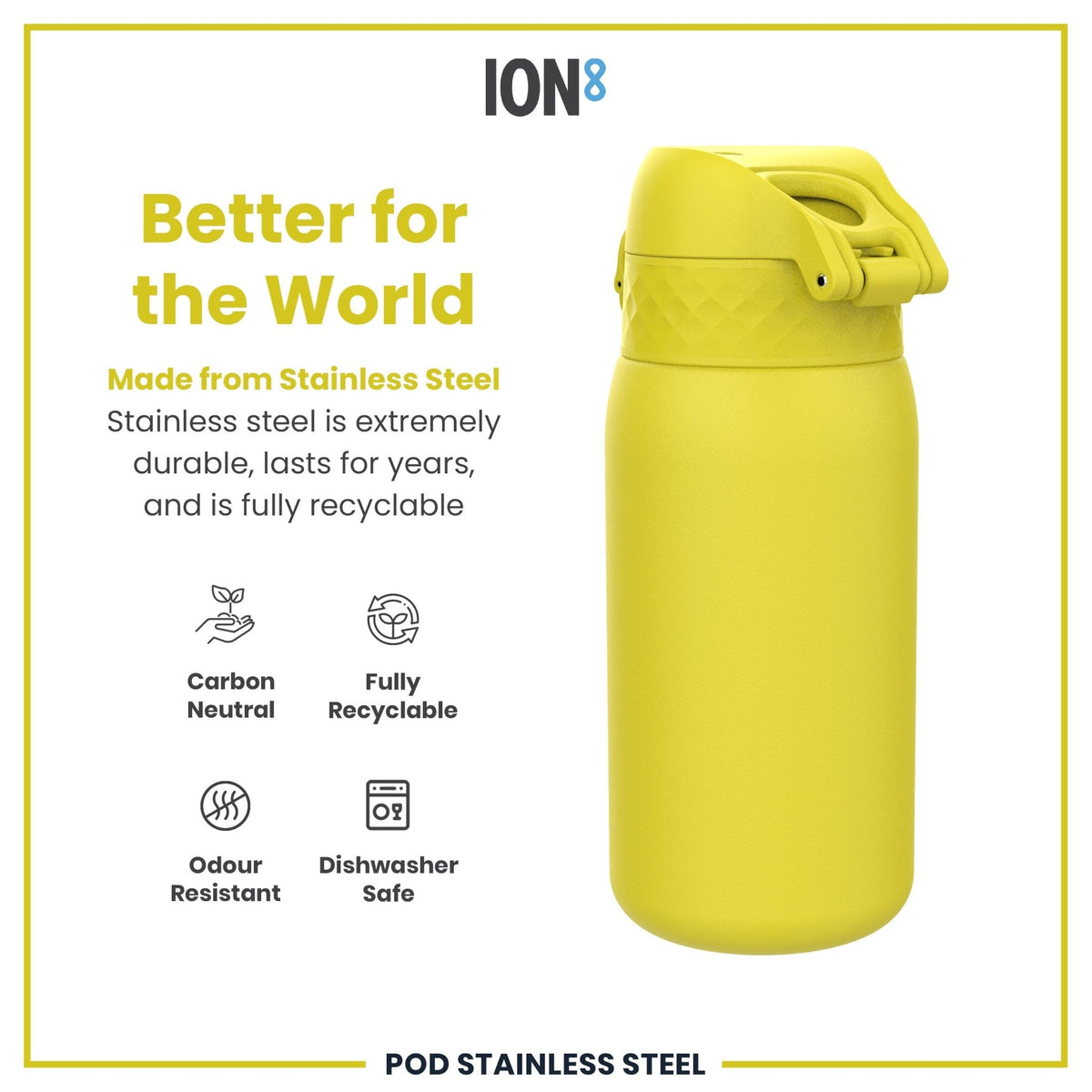 Ion8 stainless steel water bottle, 400ml yellow leak-proof design for kids, durable steel water bottle for on-the-go hydration