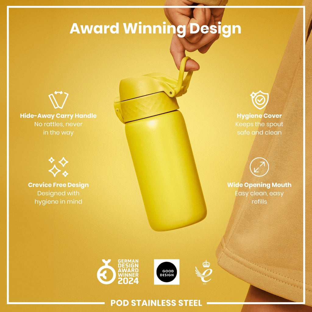 Ion8 stainless steel water bottle in yellow, 400ml capacity, leak-proof design, ideal for kids.