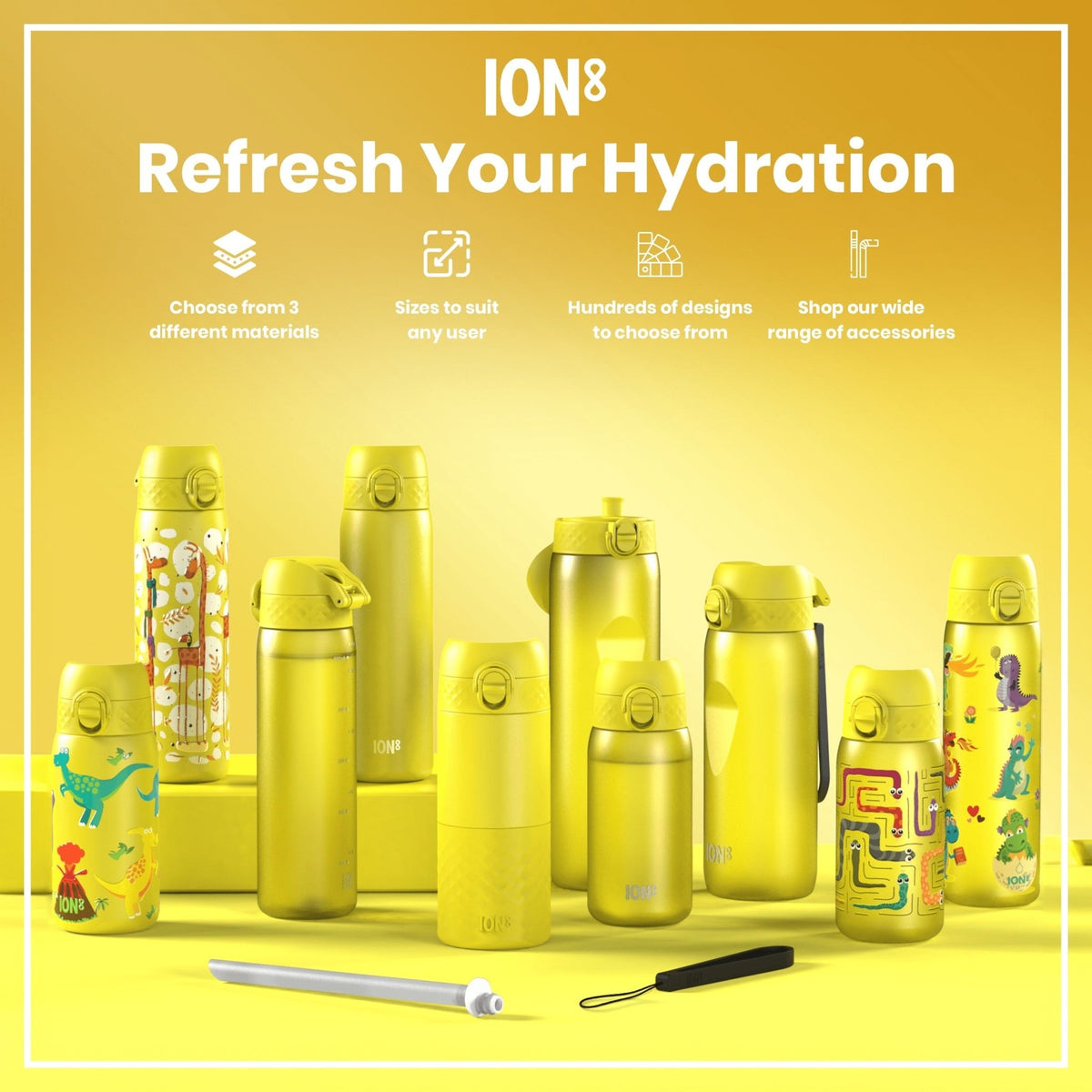 Yellow 400ml stainless steel water bottle by ION8, leak-proof kids' steel water bottle with a durable design.