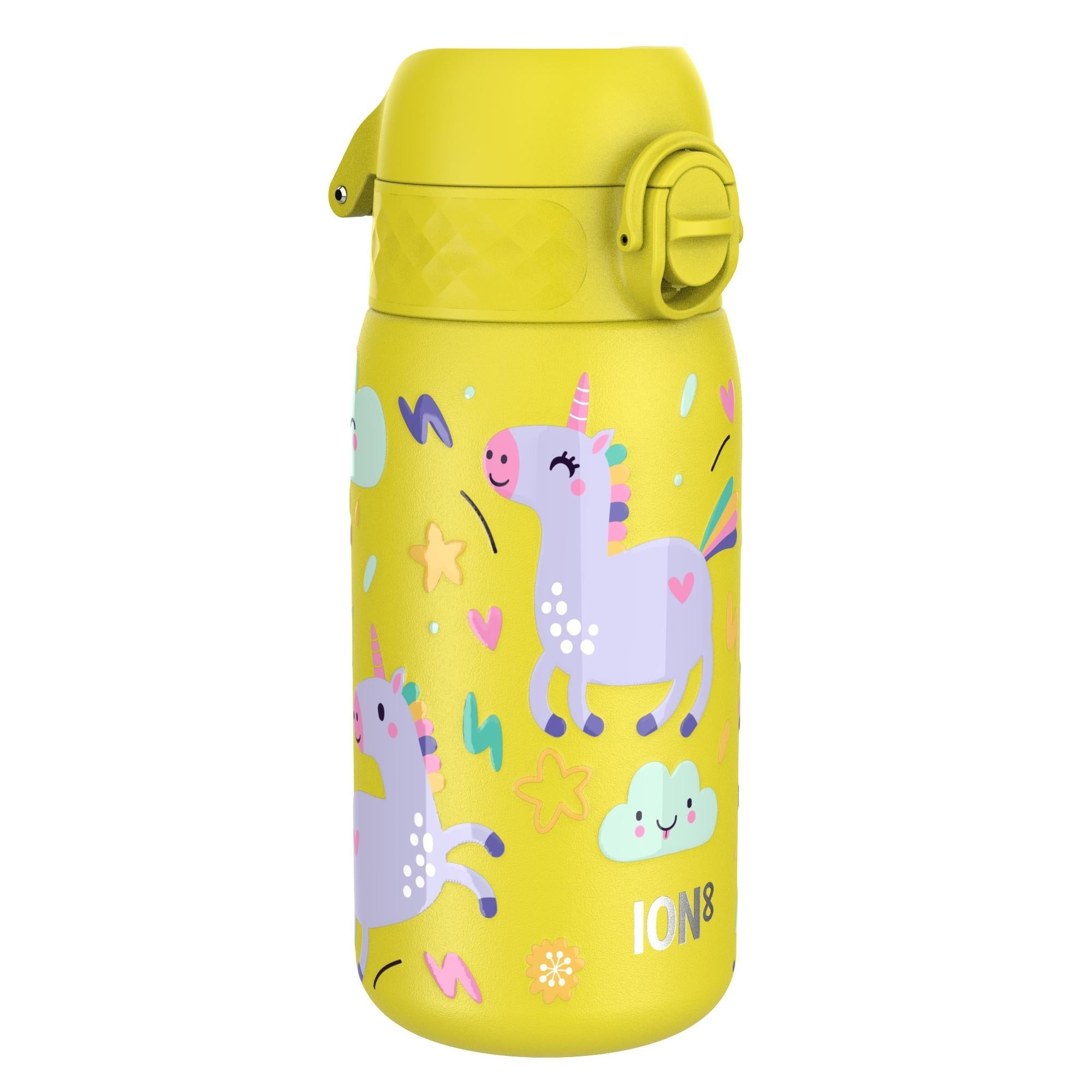 Ion8 stainless steel kids water bottle with yellow unicorn design, leak-proof 400ml (13oz) water bottle for children