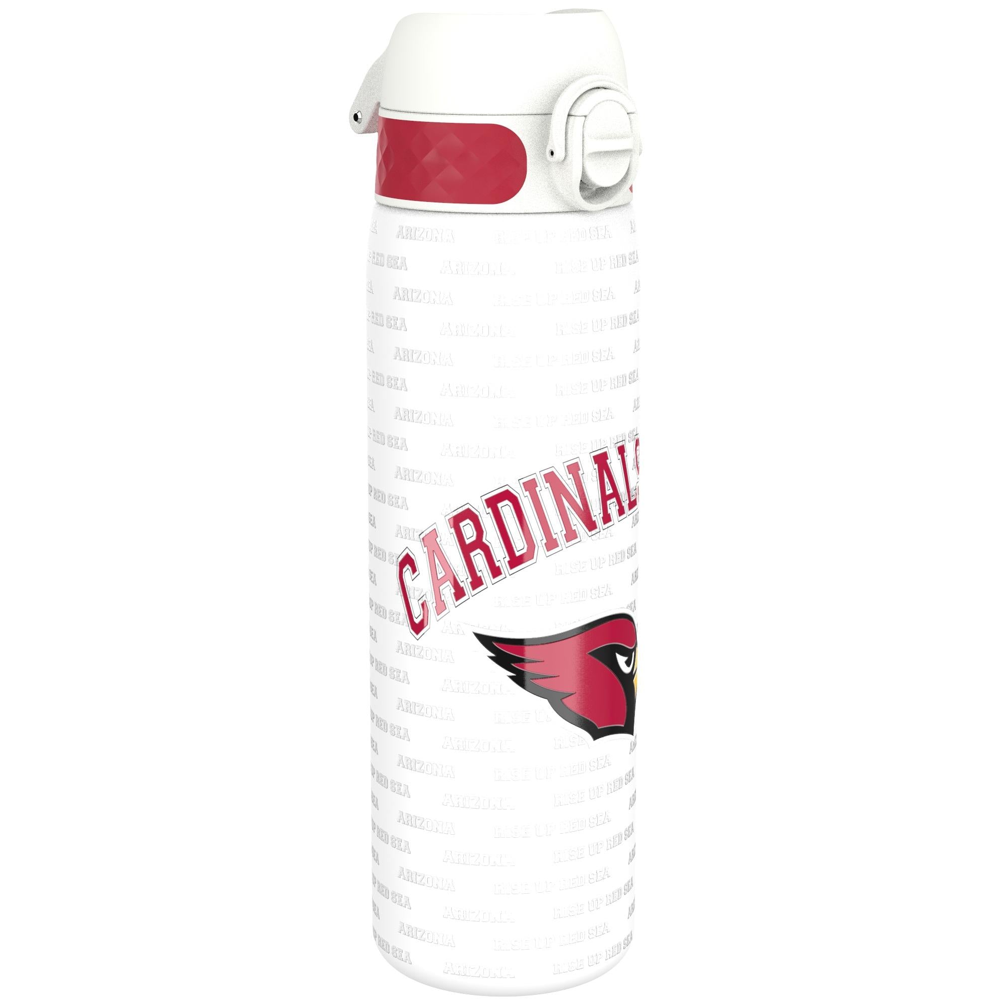 Ion8 leak-proof stainless steel NFL water bottle featuring Arizona Cardinals logo and 600ml capacity, with a sleek design and secure lid.