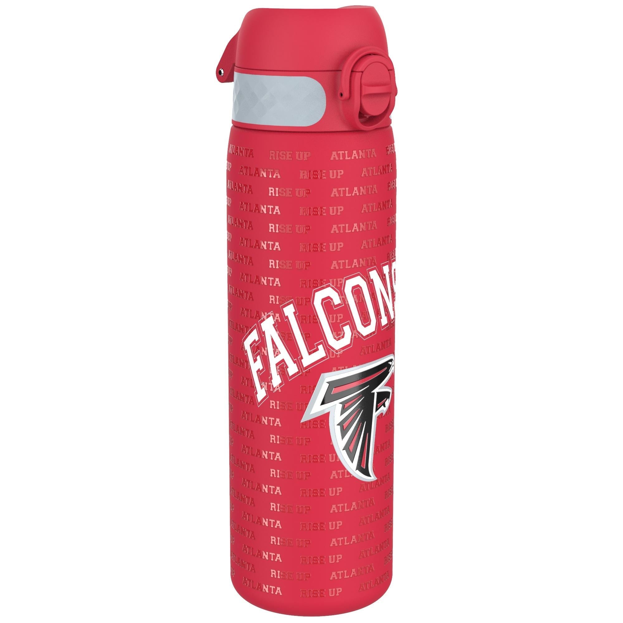 ION8 stainless steel NFL water bottle featuring Atlanta Falcons logo, leak-proof design, 600ml capacity, and durable construction.