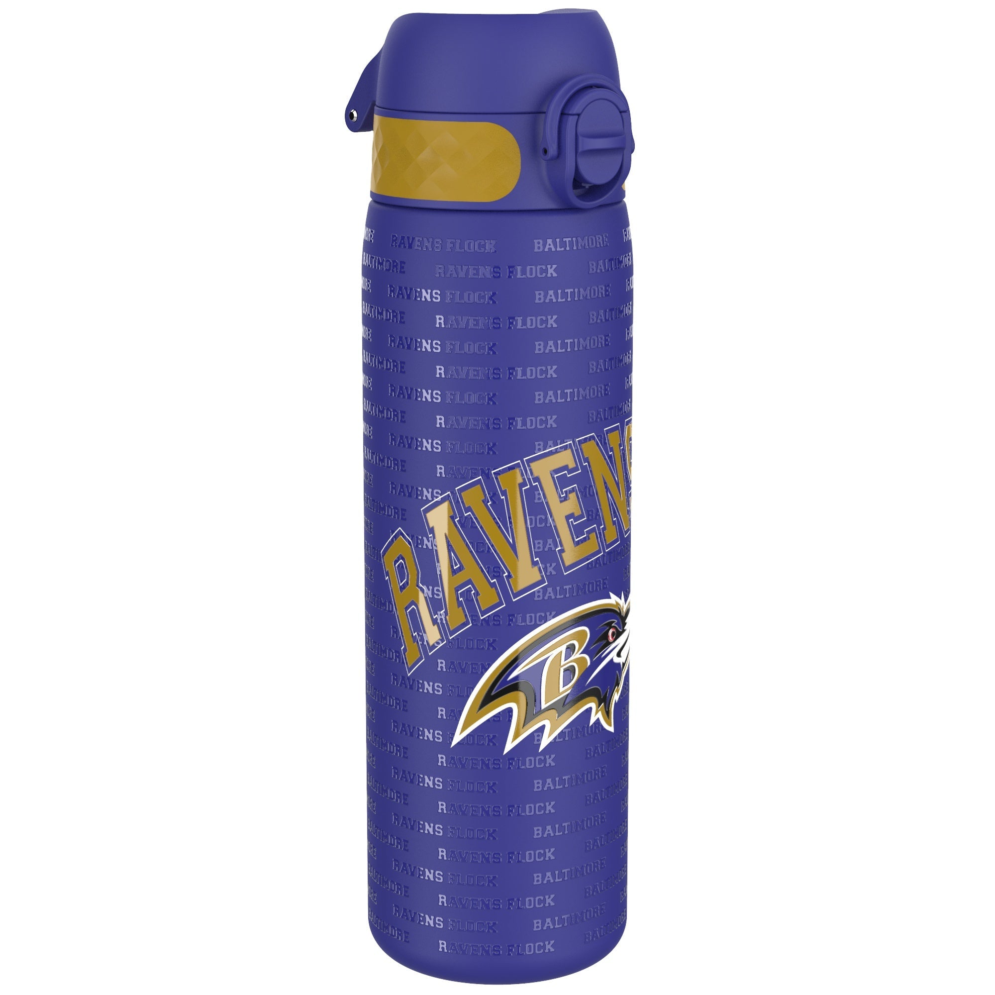 Ion8 leak-proof NFL water bottle featuring Baltimore Ravens logo, stainless steel construction, 600ml capacity, 20oz sports bottle