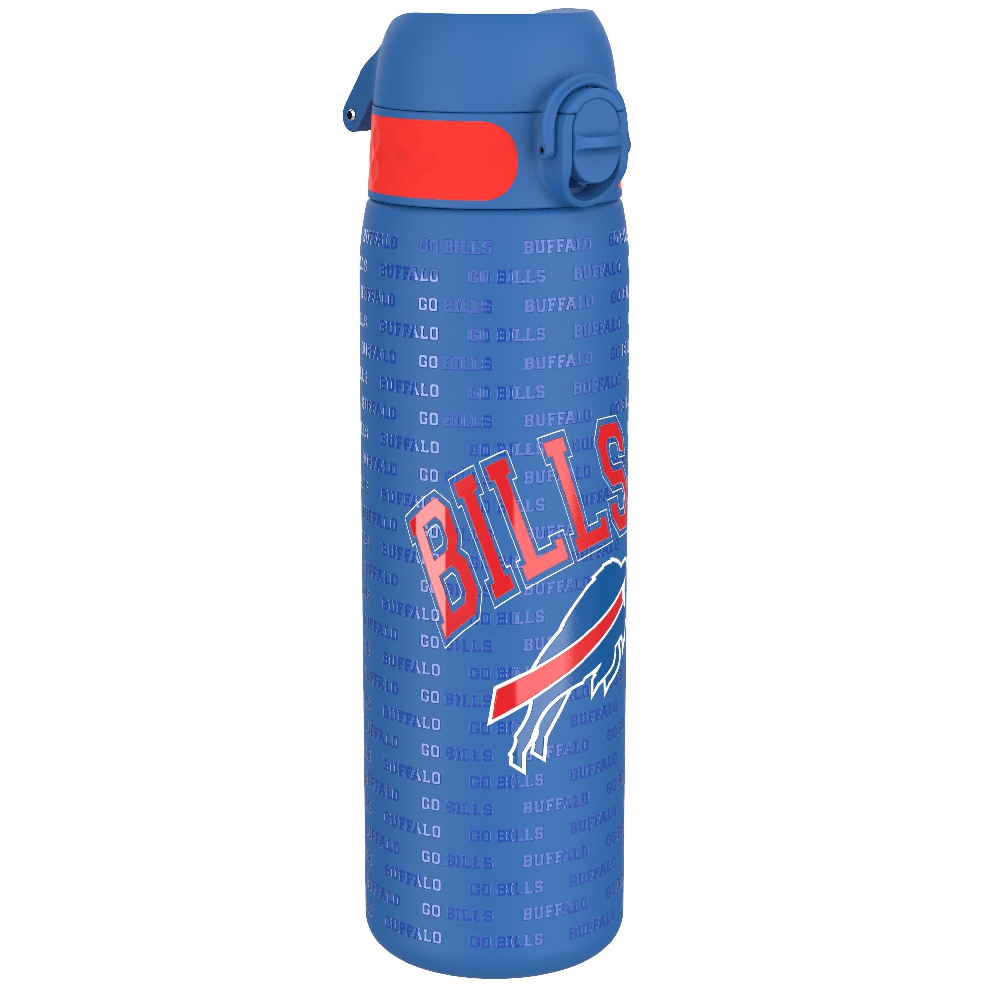 ION8 stainless steel NFL water bottle featuring Buffalo Bills logo, leak-proof design, 600ml capacity, durable and portable.