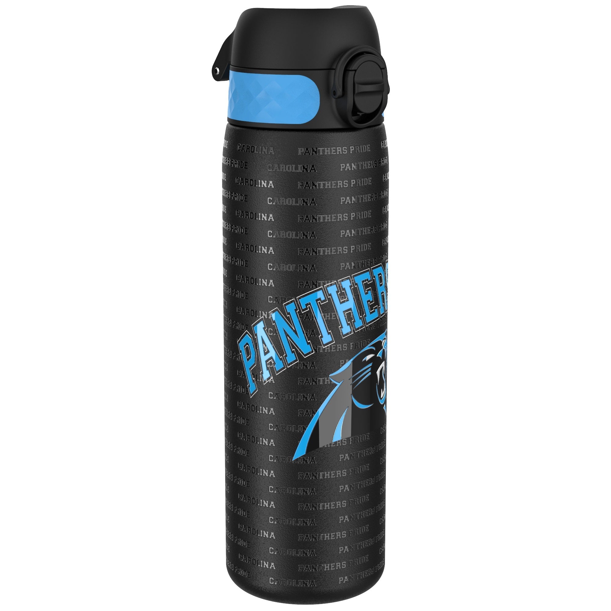 ION8 stainless steel NFL water bottle with leak-proof design featuring Carolina Panthers logo, 600ml capacity, 20oz size