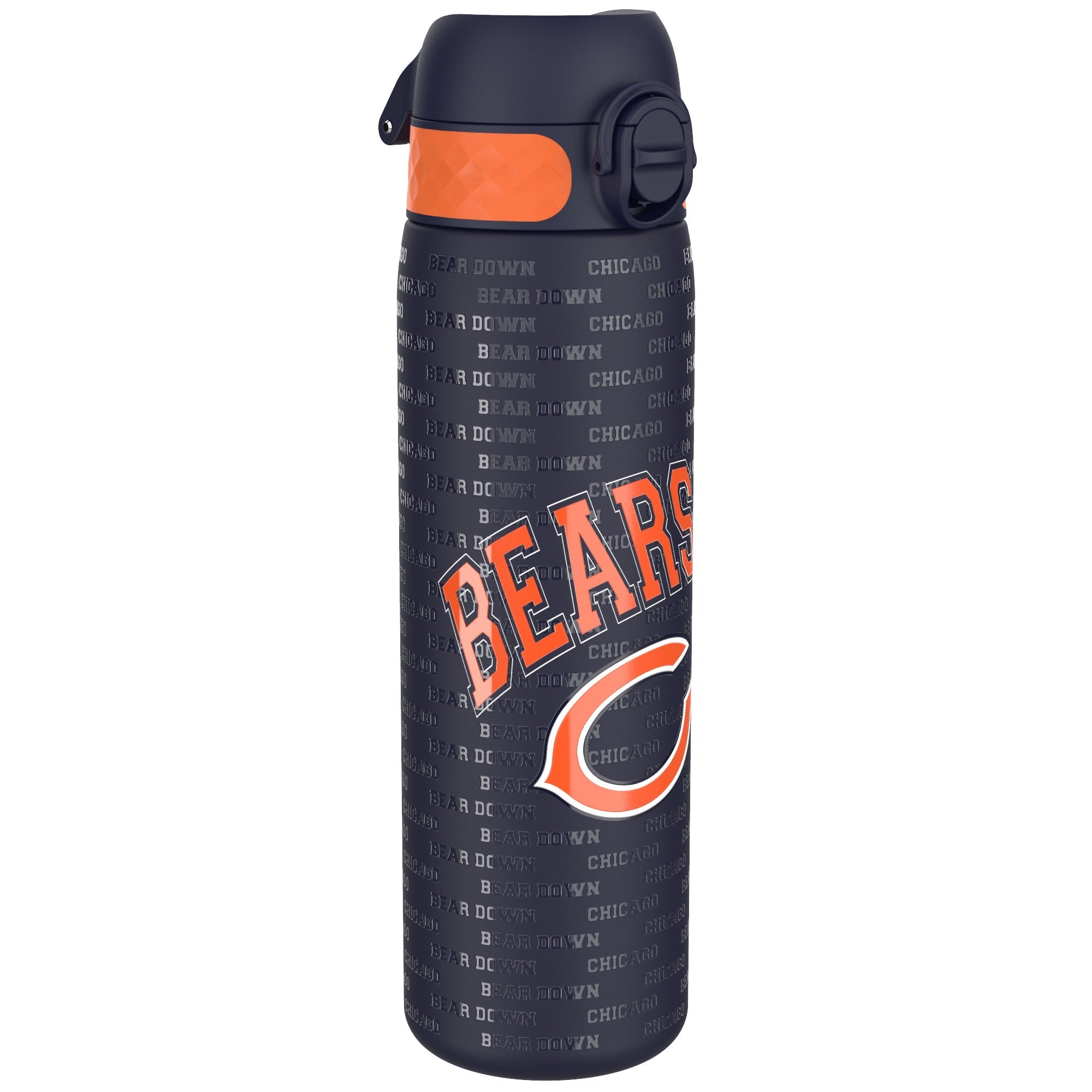 ION8 stainless steel NFL water bottle featuring Chicago Bears logo, 600ml capacity, leak-proof design, with black finish.