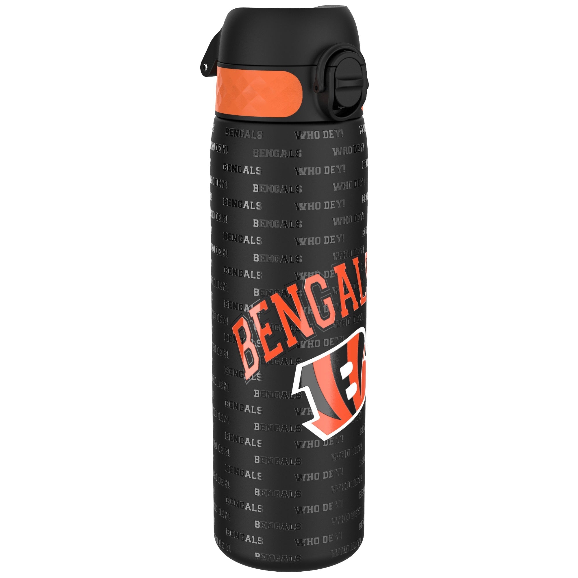 Stainless steel NFL water bottle by ION8 featuring Cincinnati Bengals logo, 600ml (20oz) leak-proof design.