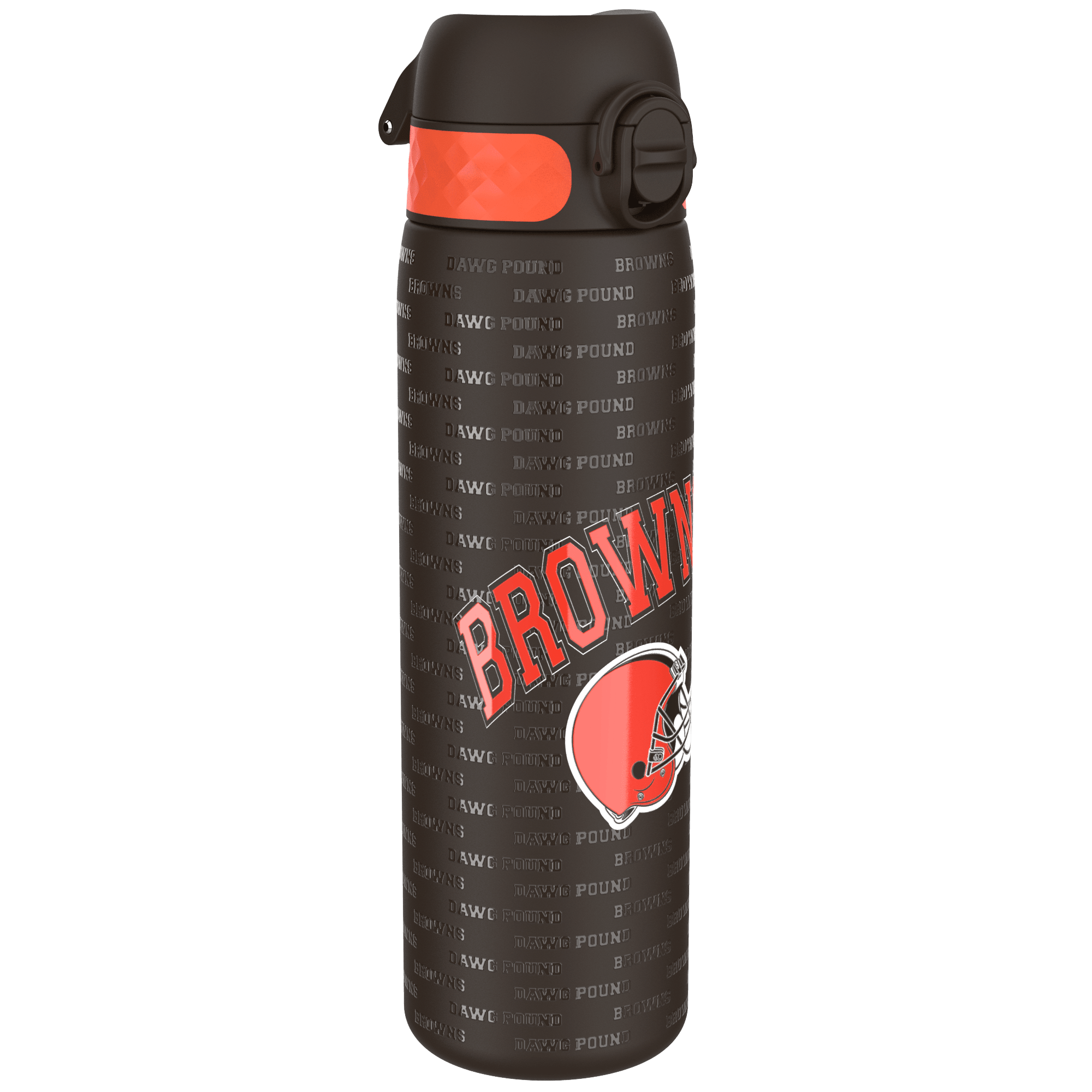 ION8 stainless steel NFL water bottle with Cleveland Browns logo, leak-proof design, 600ml (20oz) capacity, durable sports bottle.