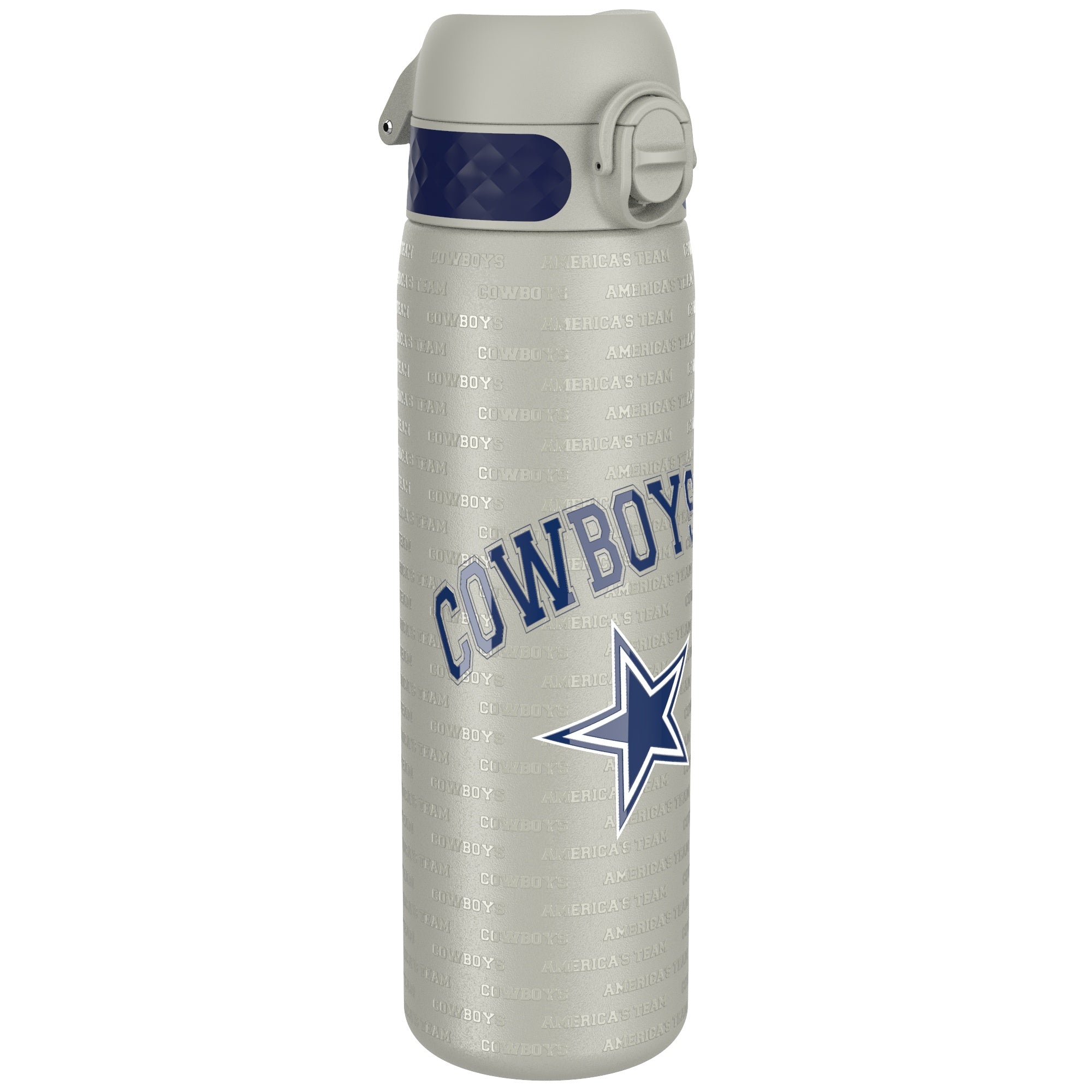 Ion8 stainless steel NFL water bottle with Dallas Cowboys logo, leak-proof design, 600ml (20oz) capacity, suitable for sports and travel.