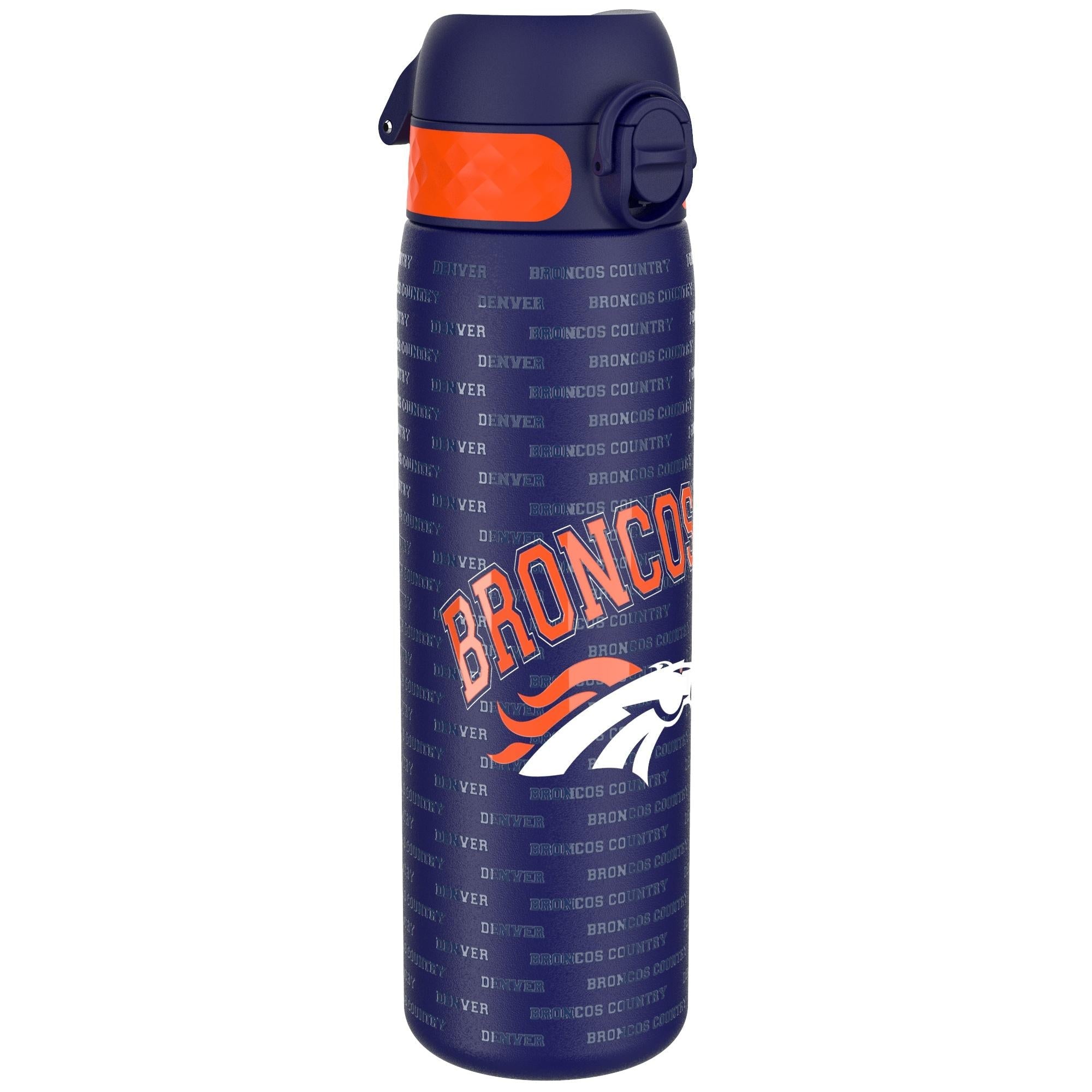 ION8 stainless steel NFL water bottle featuring Denver Broncos logo, leak-proof design, 600ml capacity, durable and stylish.