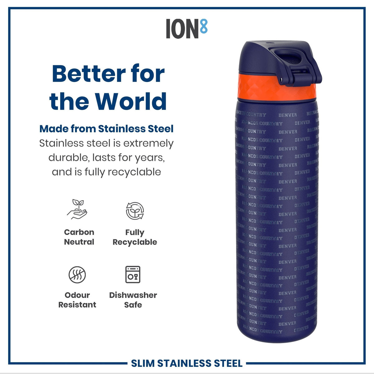 ION8 NFL Denver Broncos stainless steel water bottle, 600ml, leak-proof design, durable steel sports bottle with Broncos team logo
