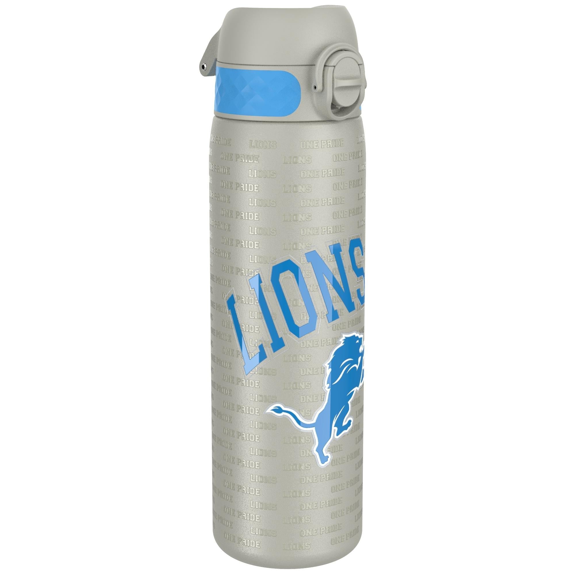 ION8 stainless steel NFL water bottle featuring Detroit Lions logo, leak-proof design, 600ml capacity, 20oz sports water bottle