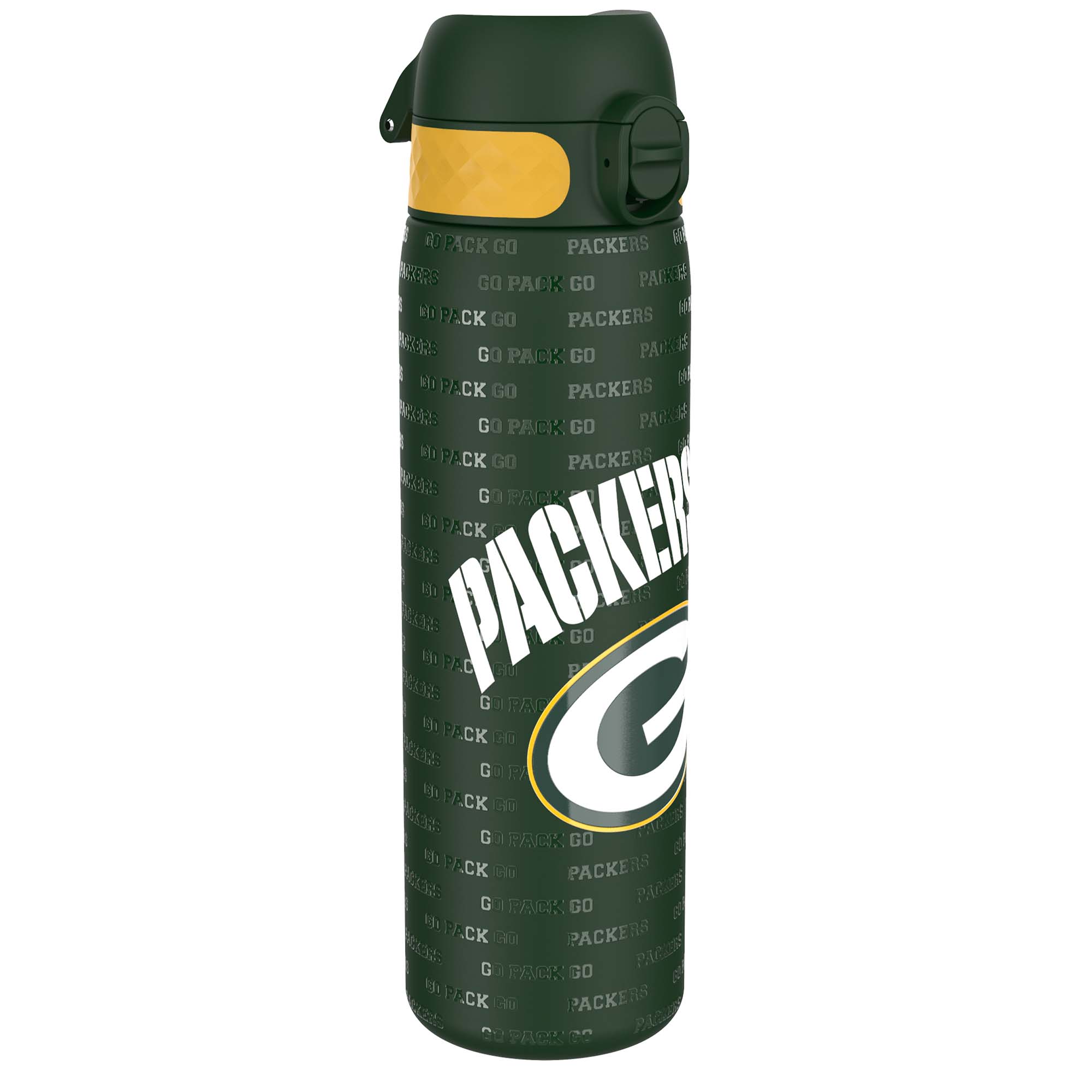 ION8 stainless steel NFL water bottle with Green Bay Packers logo, 600ml leak-proof design, green color, sports water bottle.
