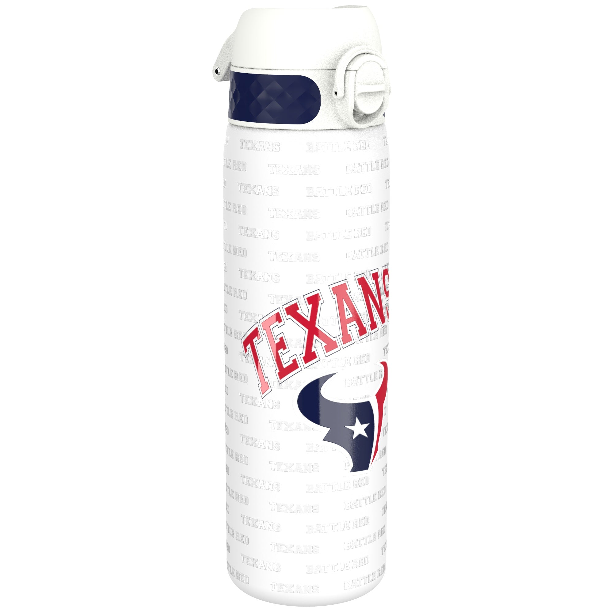 ION8 stainless steel NFL water bottle featuring Houston Texans logo, 600ml capacity, leak-proof design, sporty hydration container