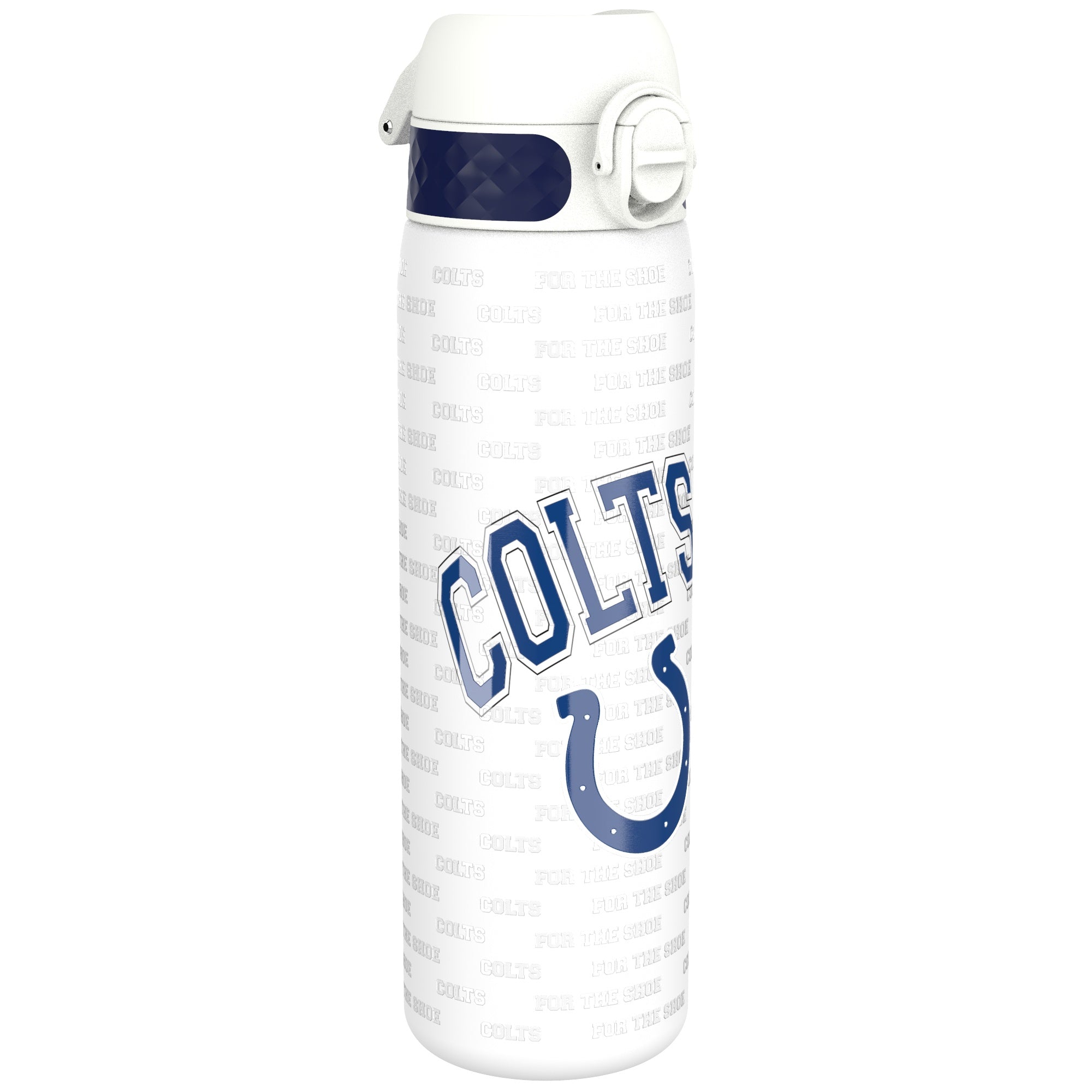 ION8 stainless steel NFL water bottle featuring Indianapolis Colts logo, leak-proof design, 600ml (20oz) capacity.