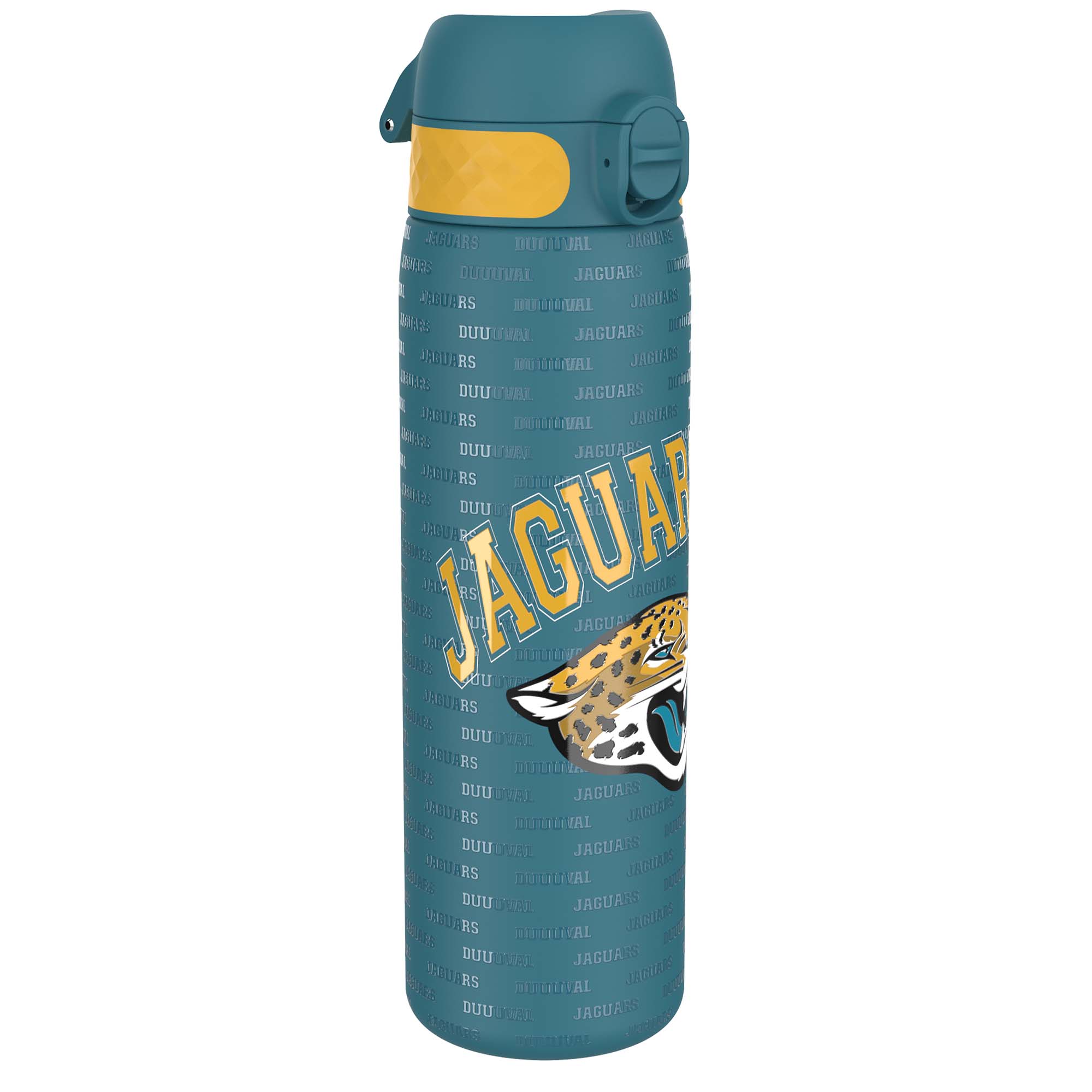 Ion8 stainless steel NFL water bottle featuring Jacksonville Jaguars logo, leak-proof 600ml (20oz) design, durable and portable.