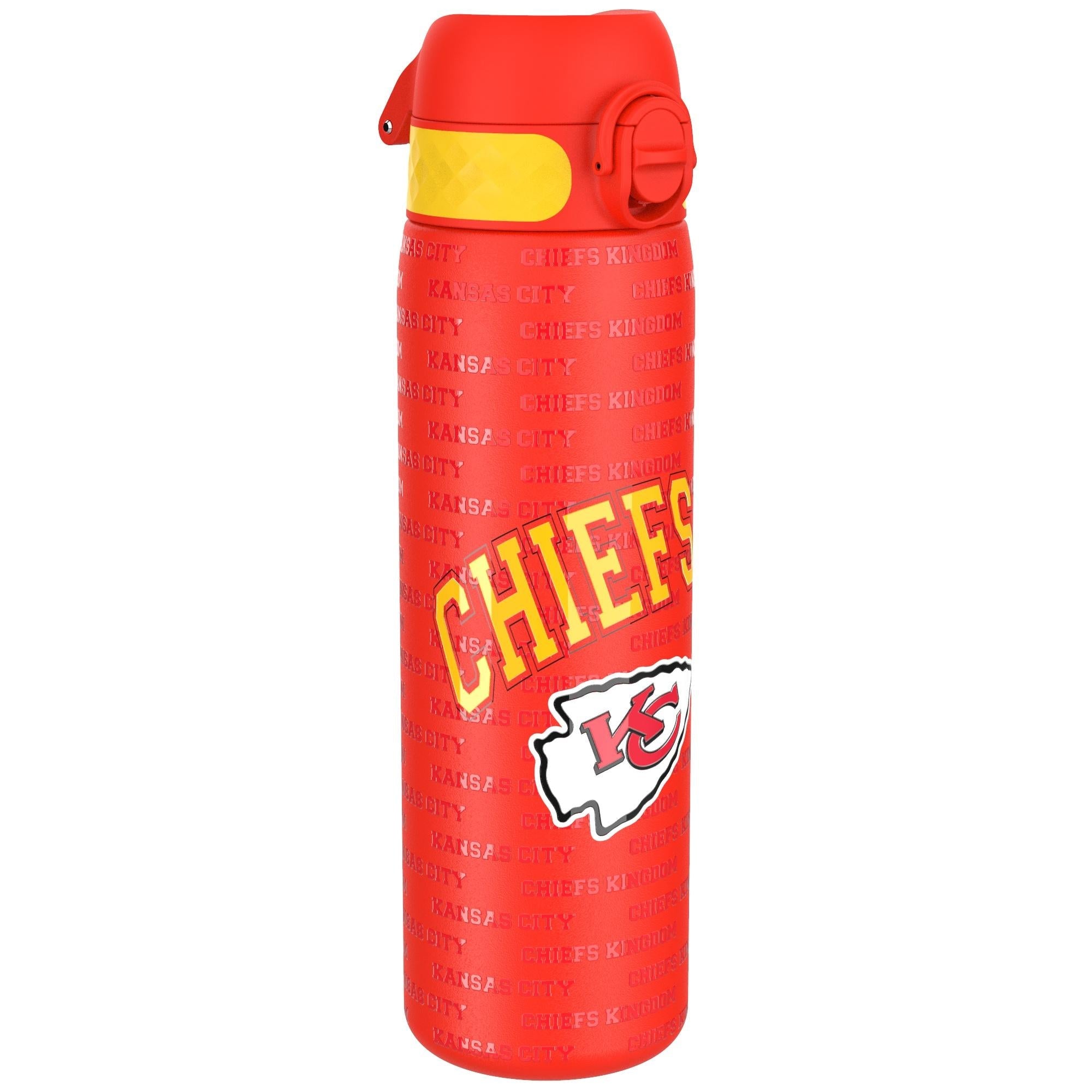 ION8 stainless steel NFL water bottle featuring Kansas City Chiefs logo, 600ml capacity, leak-proof design, and durable construction.
