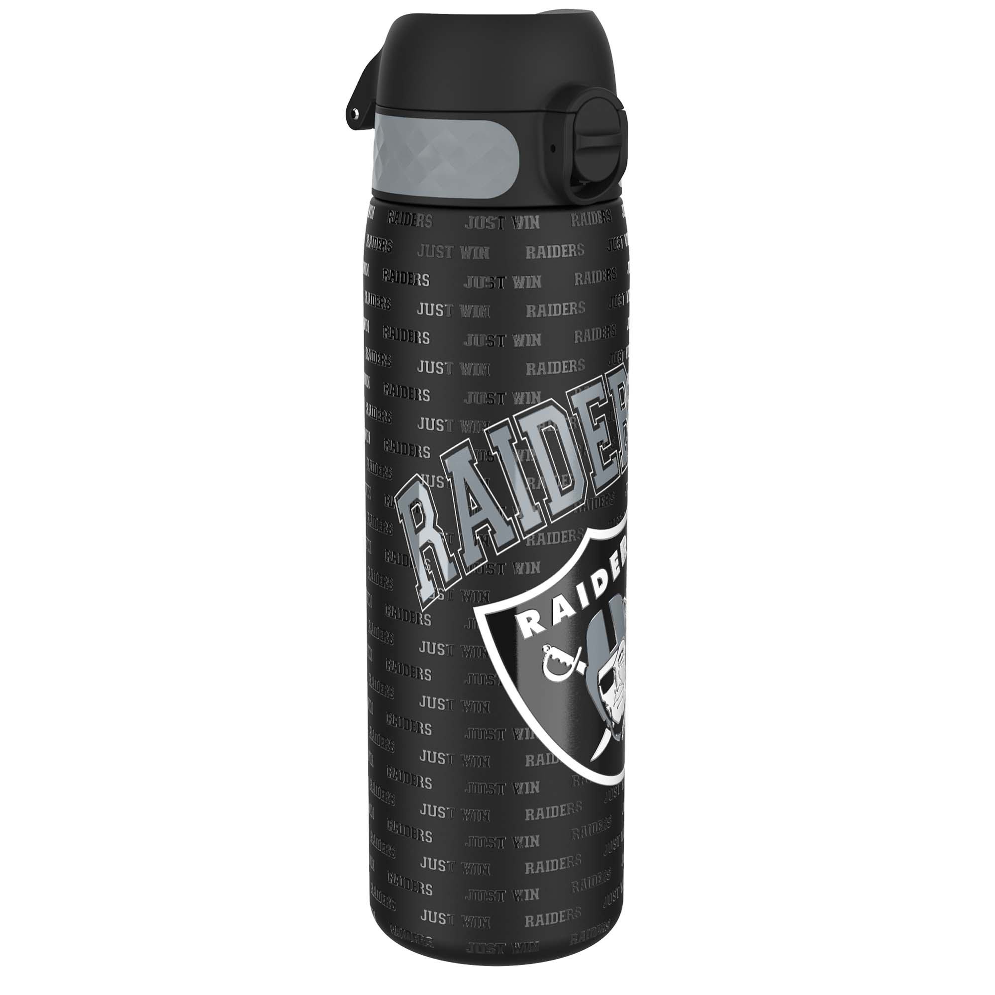 ION8 stainless steel NFL water bottle featuring Las Vegas Raiders logo, leak-proof design, 600ml capacity, sports water bottle.