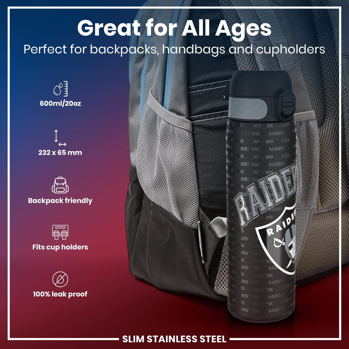 ION8 NFL Las Vegas Raiders stainless steel water bottle, 600ml leak-proof steel sports bottle with Raiders logo.