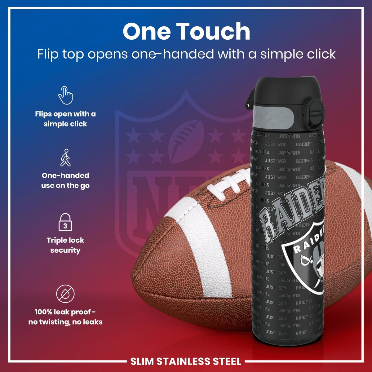 ION8 NFL Las Vegas Raiders stainless steel water bottle, 600ml leak-proof sport bottle with team logo and durable design.