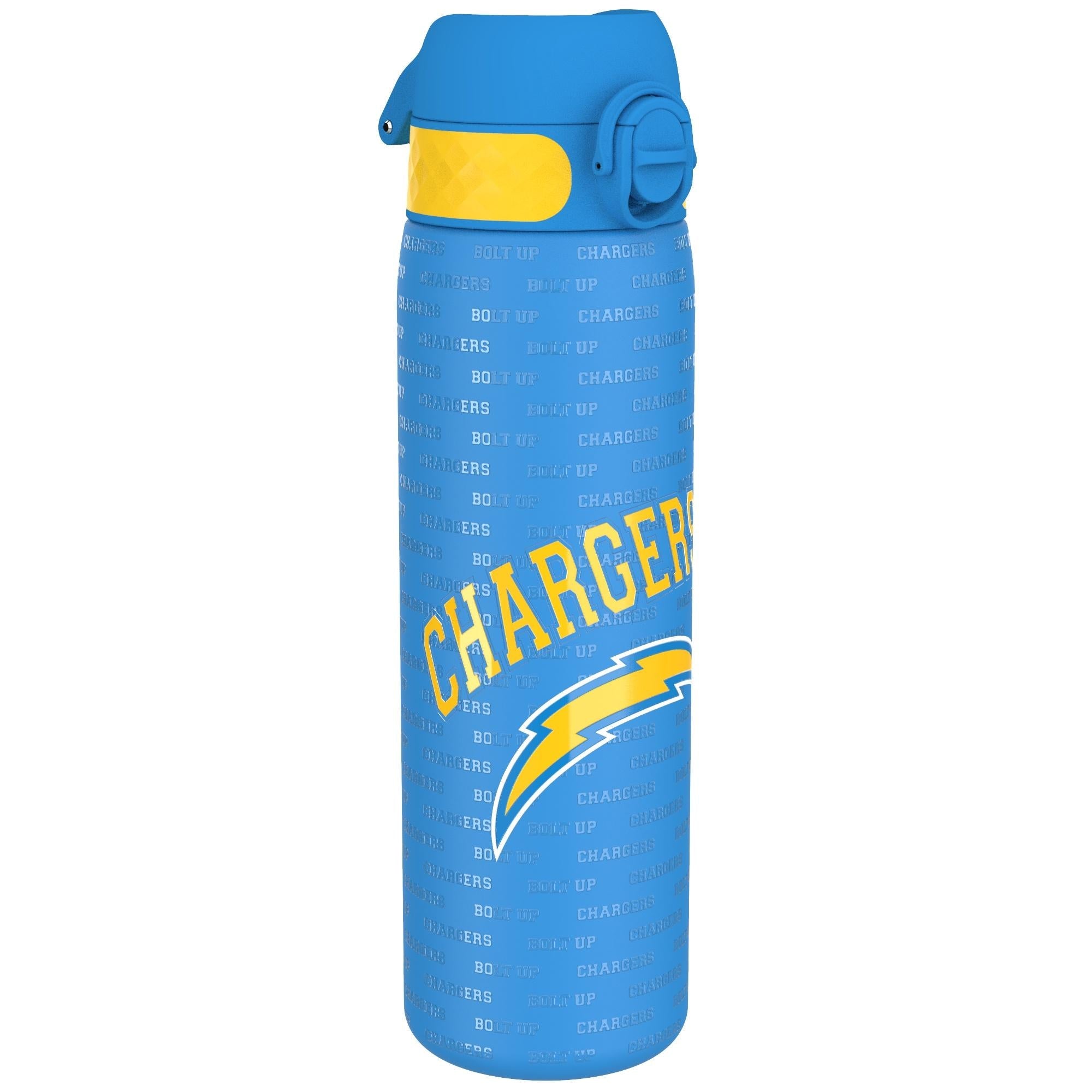 ION8 stainless steel NFL water bottle featuring Los Angeles Chargers logo, leak-proof design, 600ml capacity, 20oz.
