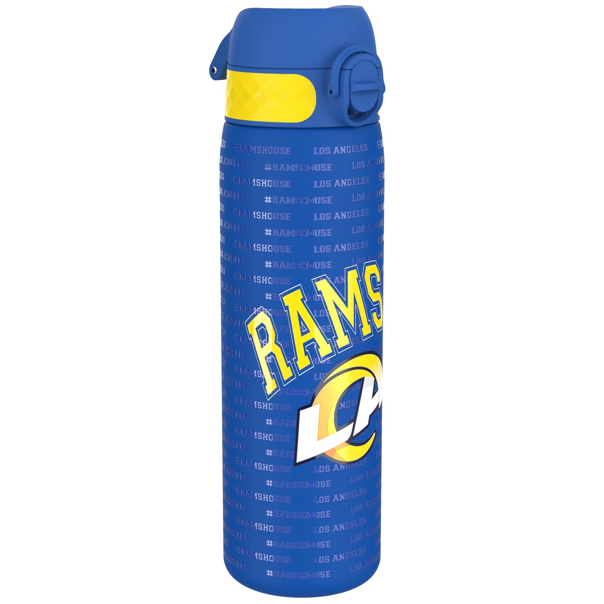 ION8 stainless steel NFL water bottle featuring Los Angeles Rams logo, leak-proof design, 600ml capacity, 20oz, in sleek silver finish.