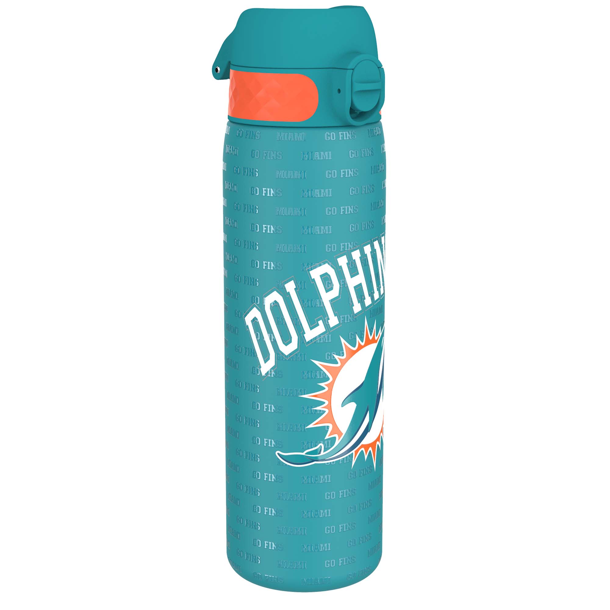 Leak-proof NFL Miami Dolphins stainless steel water bottle, 600ml (20oz), ION8 steel water bottle with Dolphins logo and secure lid.