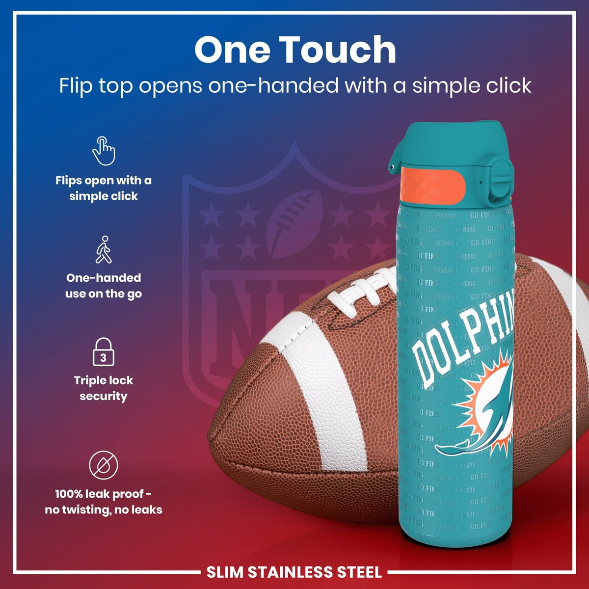 ION8 NFL Miami Dolphins stainless steel water bottle, 600ml, leak-proof, durable steel sports bottle with Dolphins logo.