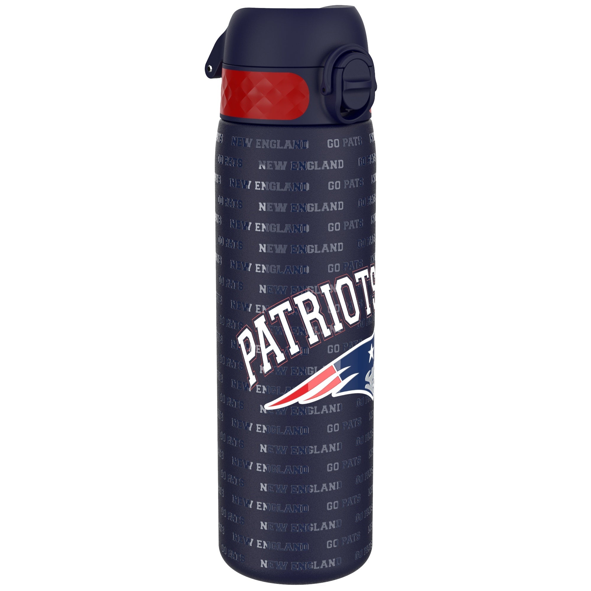 ION8 leak-proof NFL water bottle featuring New England Patriots logo, stainless steel, 600ml (20oz) capacity, durable design