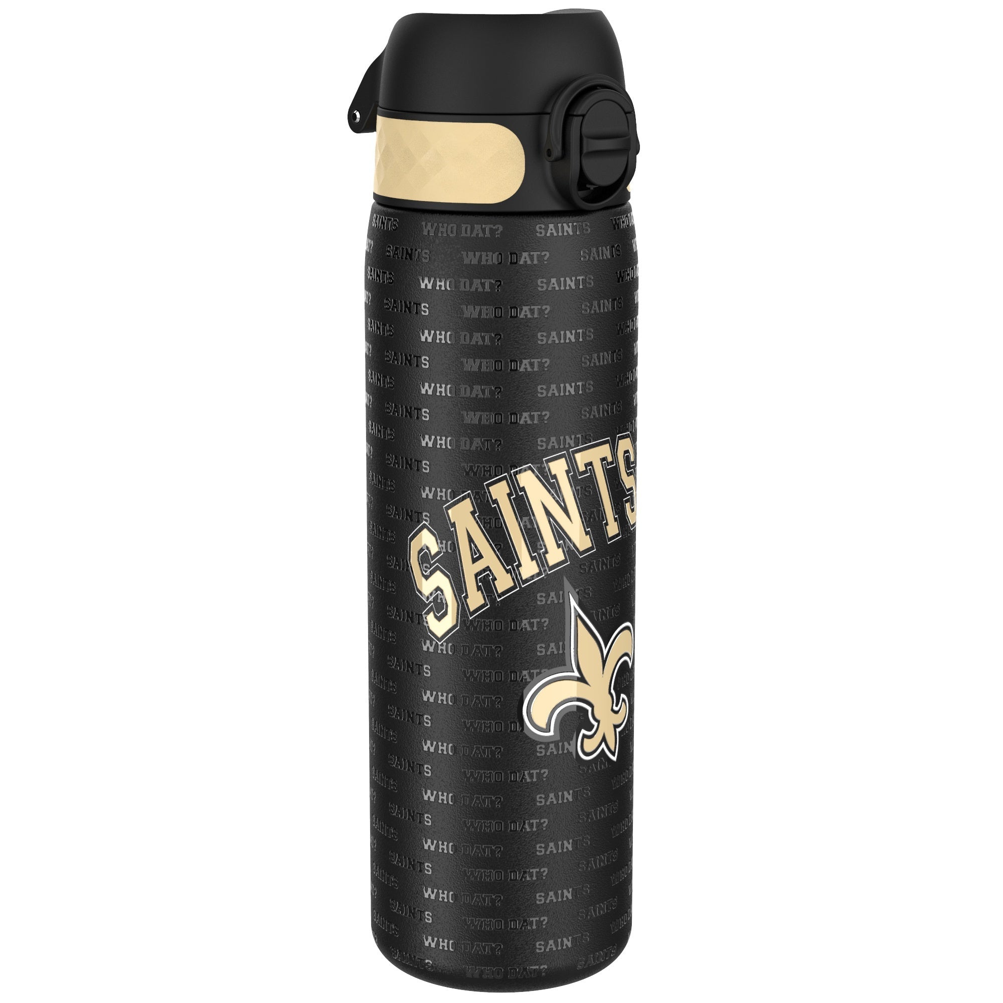 ION8 stainless steel NFL water bottle featuring New Orleans Saints logo, leak-proof design, 600ml capacity, eco-friendly and durable.