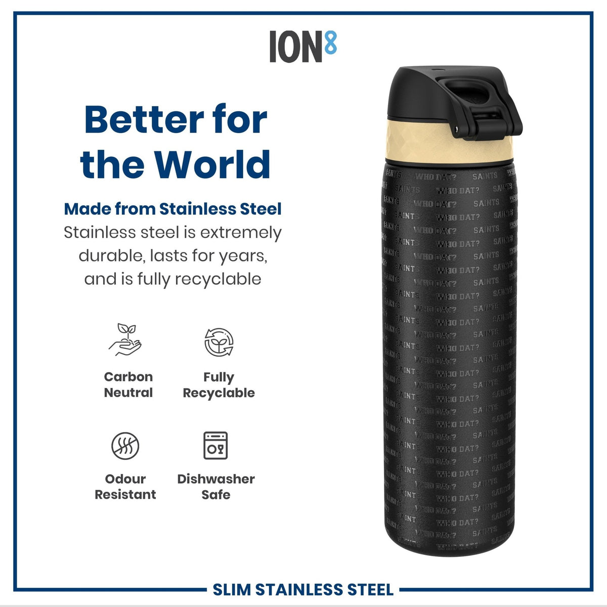 ION8 NFL New Orleans Saints stainless steel water bottle, 600ml, leak-proof, durable steel sports bottle with team logo