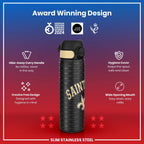 ION8 NFL New Orleans Saints stainless steel water bottle, 600ml, leak-proof, durable steel sports bottle with team logo.