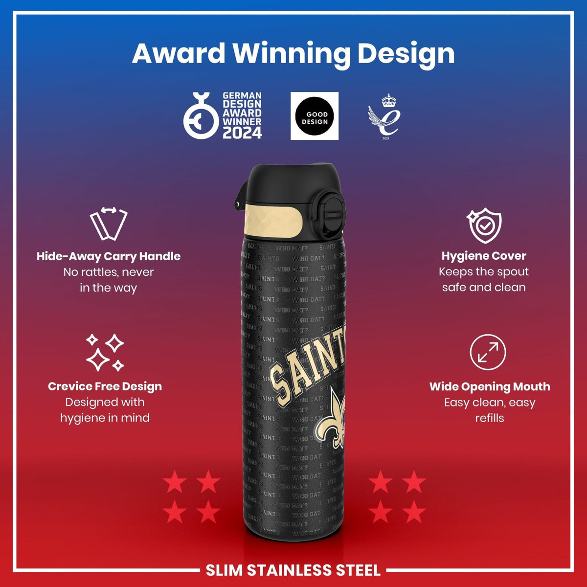 ION8 NFL New Orleans Saints stainless steel water bottle, 600ml, leak-proof, durable steel sports bottle with team logo.
