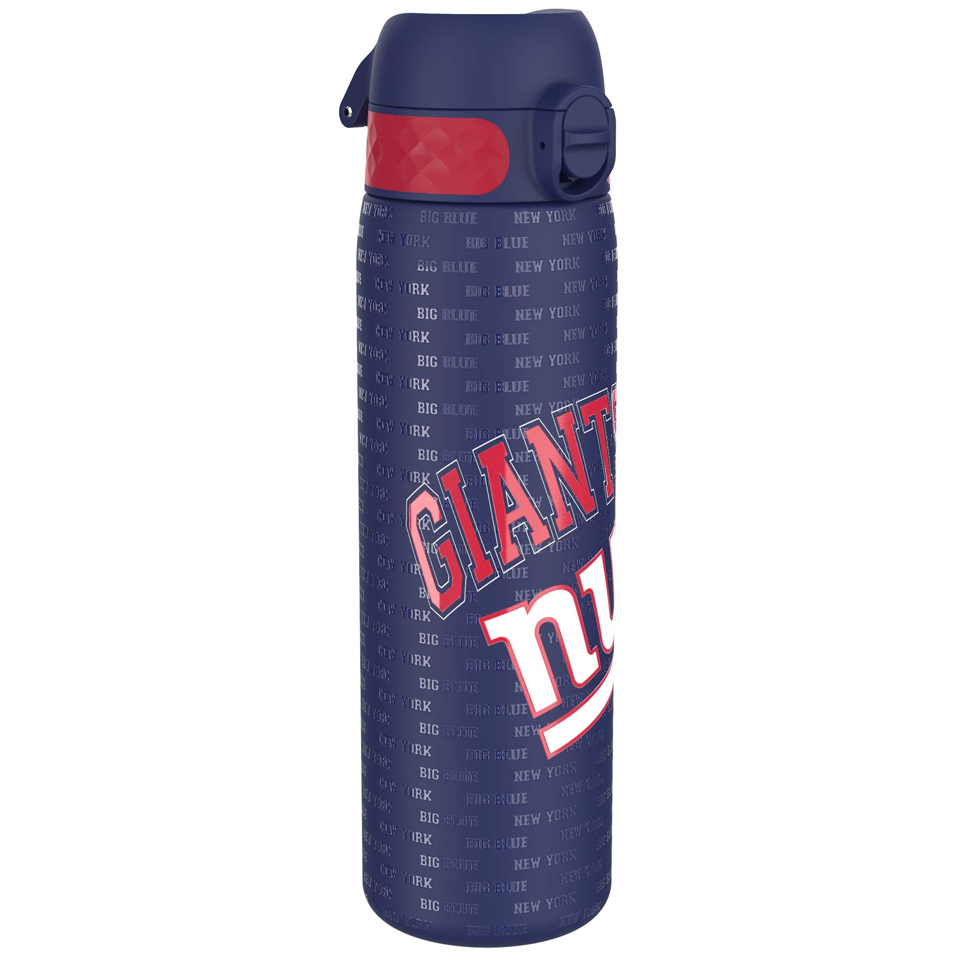 ION8 stainless steel NFL water bottle featuring New York Giants logo, leak-proof design, 600ml capacity, ideal for sports and hydration.
