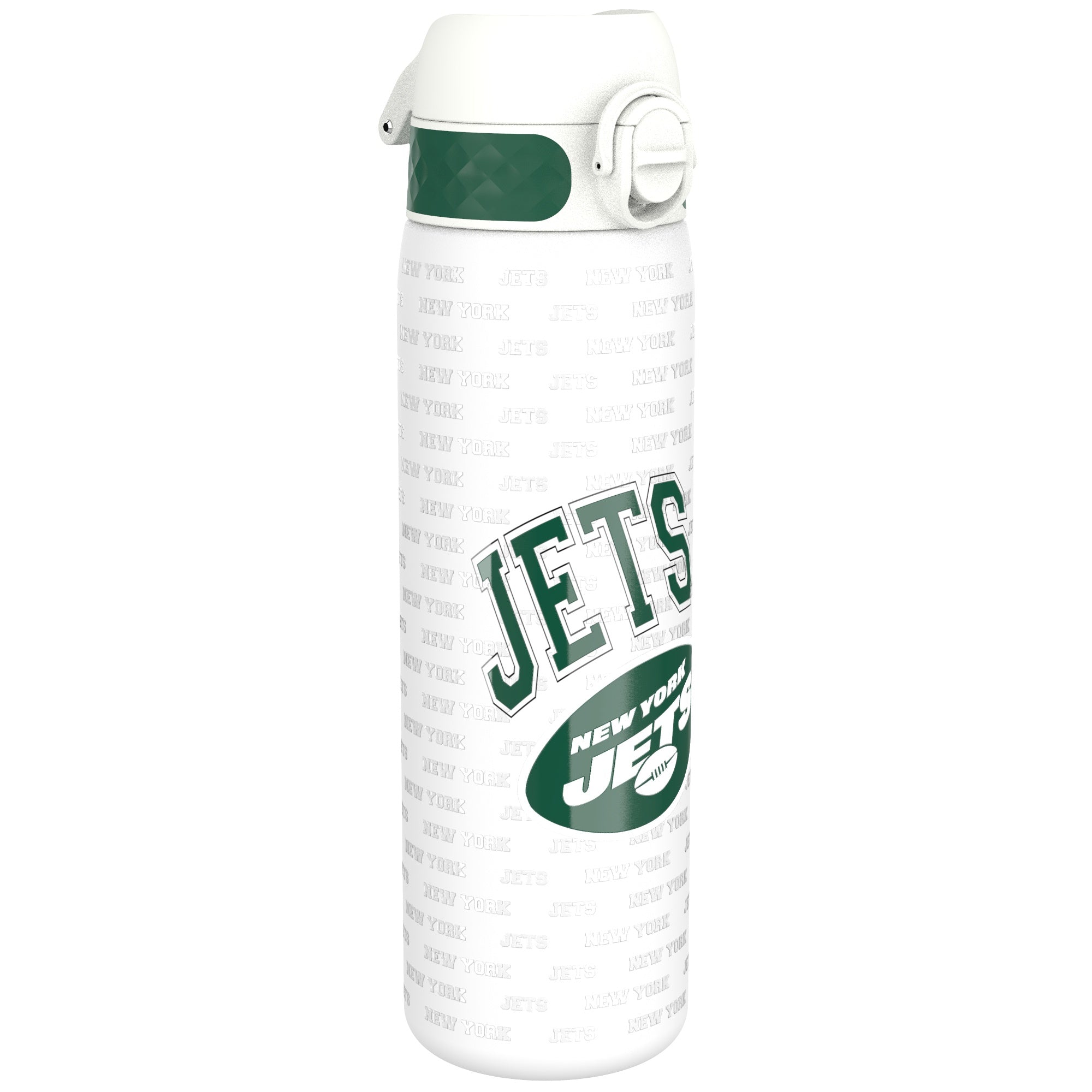 ION8 stainless steel NFL water bottle featuring New York Jets logo, leak-proof design, 600ml capacity, durable and portable.