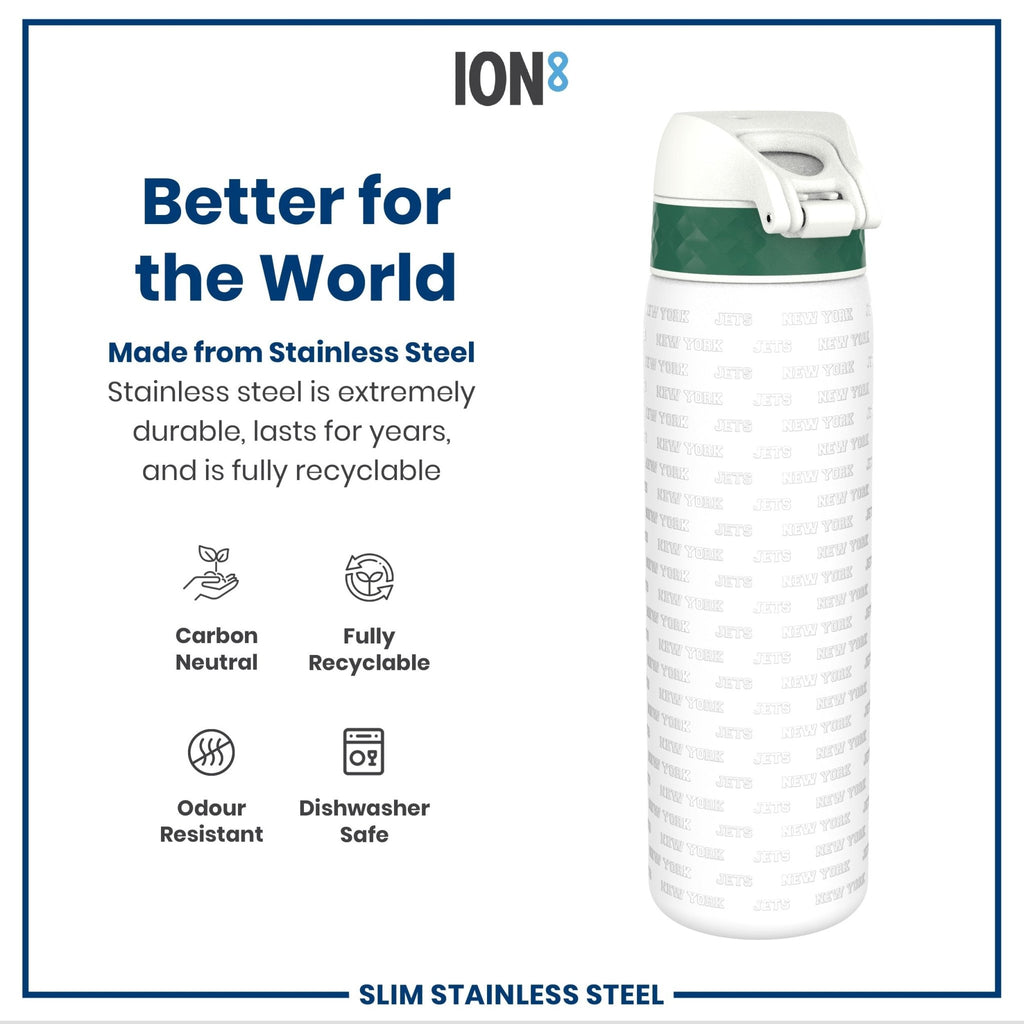 ION8 NFL New York Jets stainless steel water bottle, 600ml (20oz), leak-proof design with team logo and durable construction.