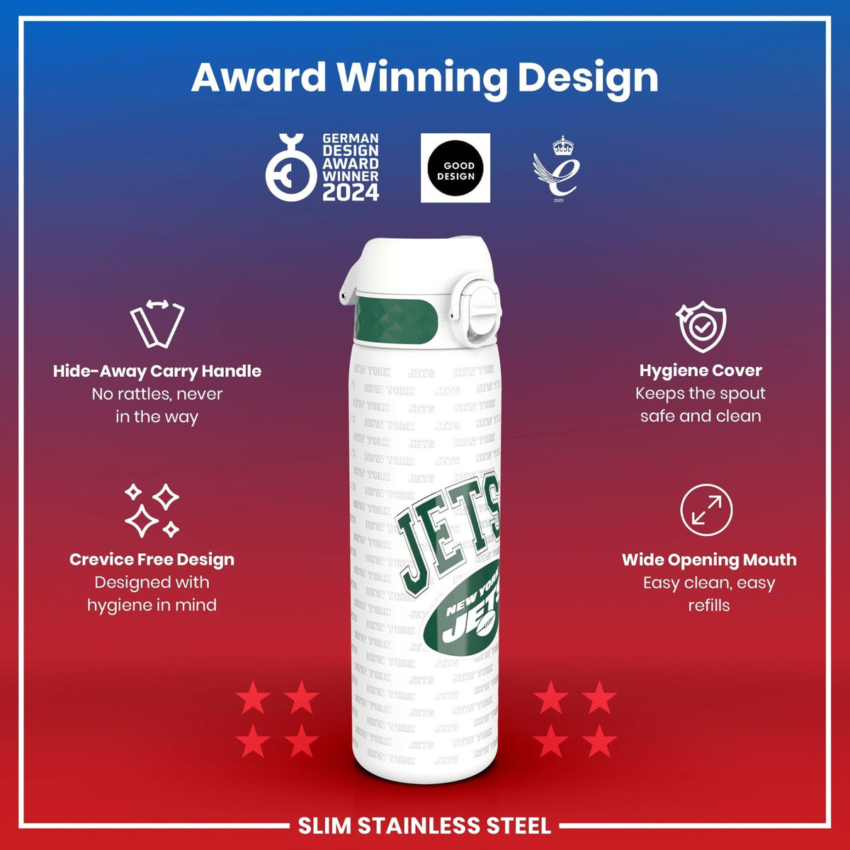 ION8 NFL New York Jets stainless steel water bottle, 600ml (20oz), leak-proof design with team logo and durable construction