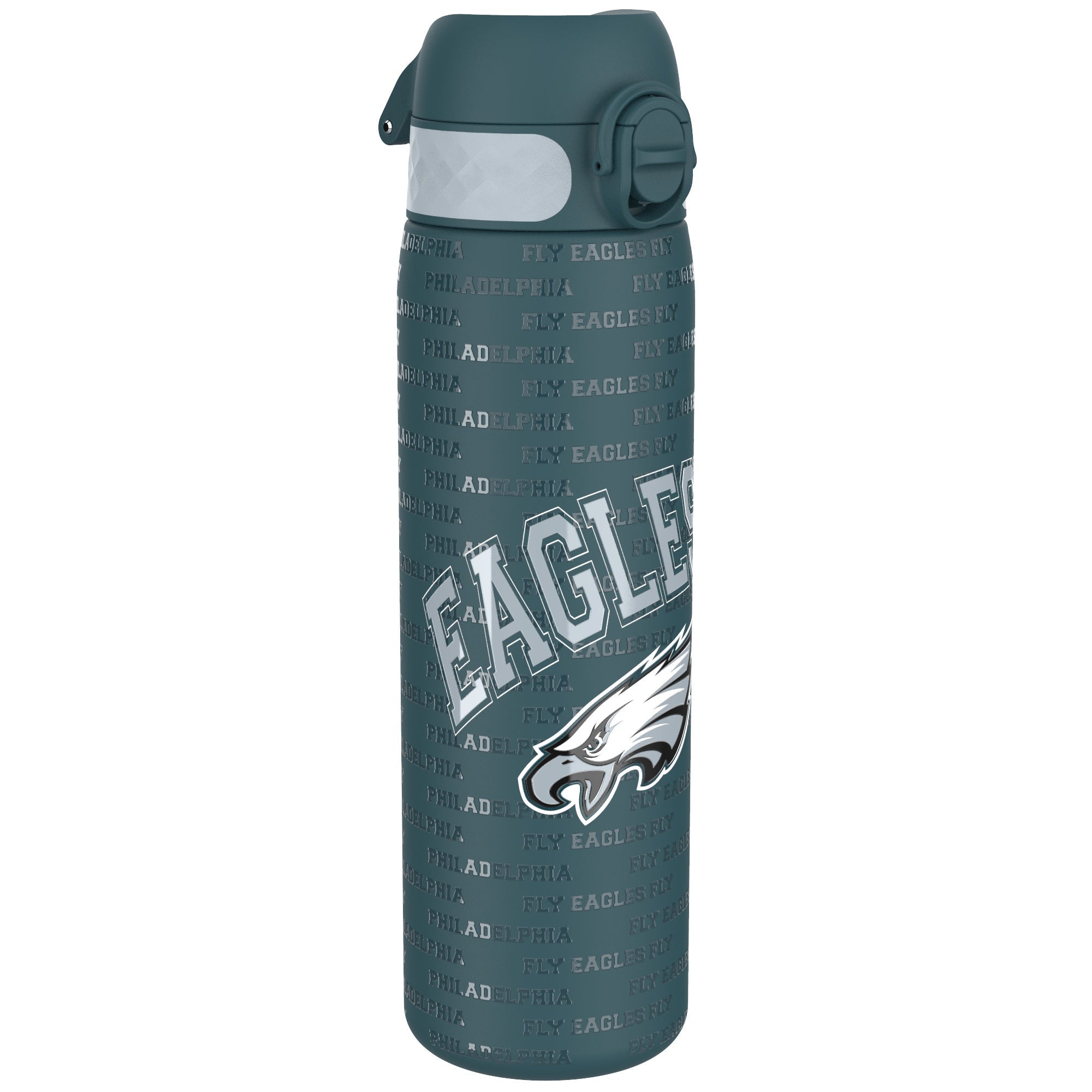 ION8 stainless steel NFL water bottle featuring Philadelphia Eagles logo, leak-proof design, 600ml (20oz) capacity.