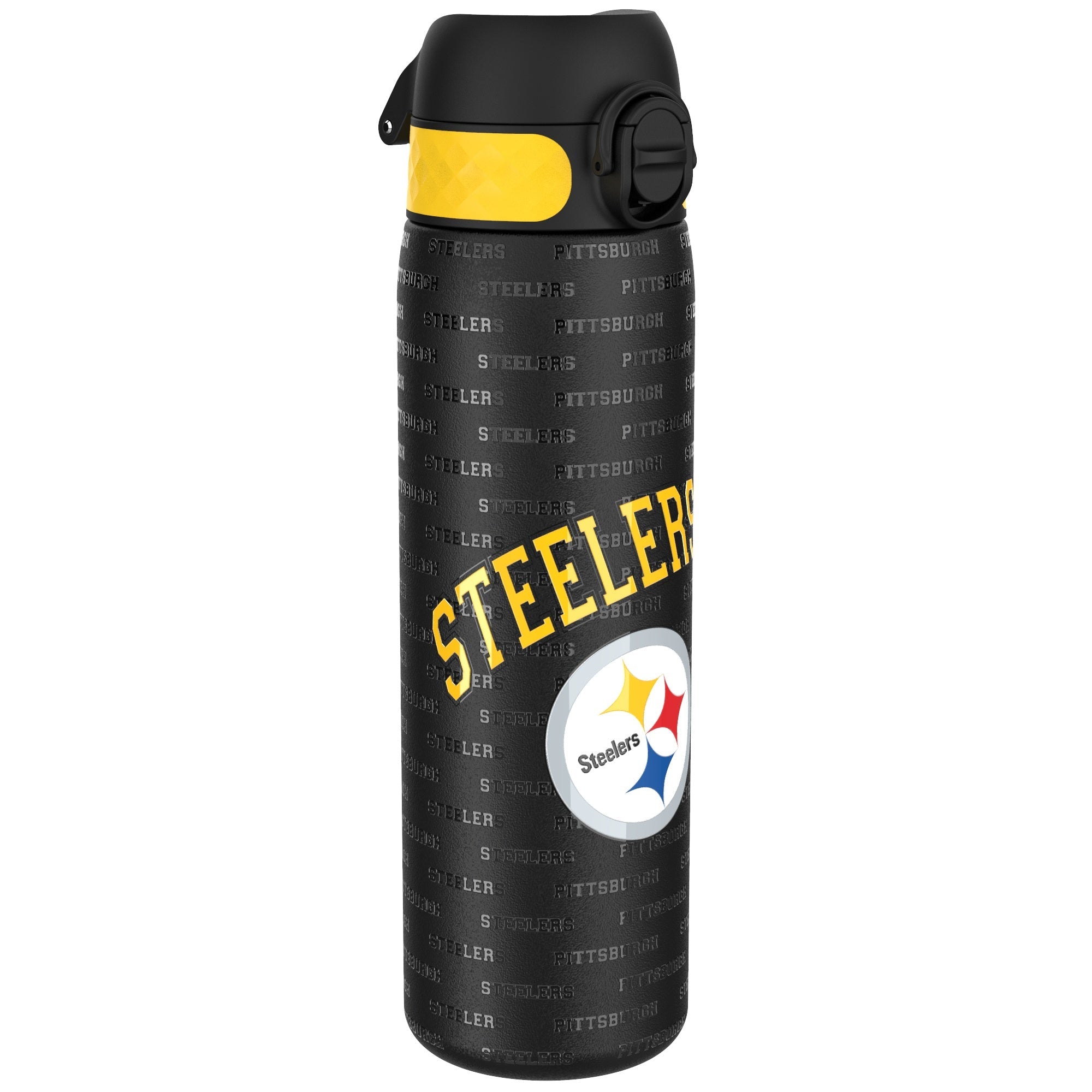 ION8 stainless steel NFL water bottle featuring Pittsburgh Steelers logo, leak-proof design, 600ml capacity, 20oz.